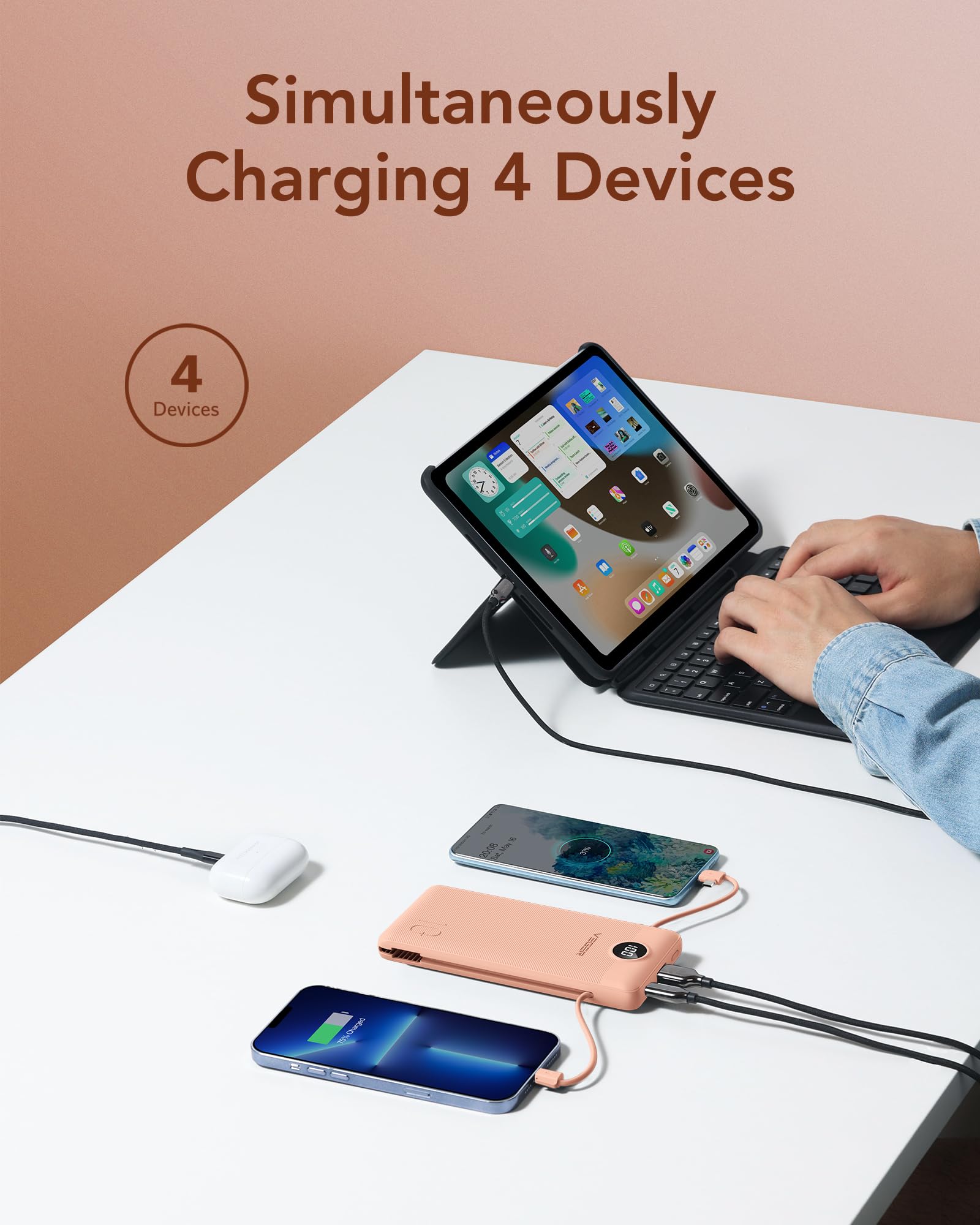 Foto 6 pulgar | Cargador Portátil Veger De 10000 Mah Con Cables Integrados, Color Rosa Oscuro - Venta Internacional.