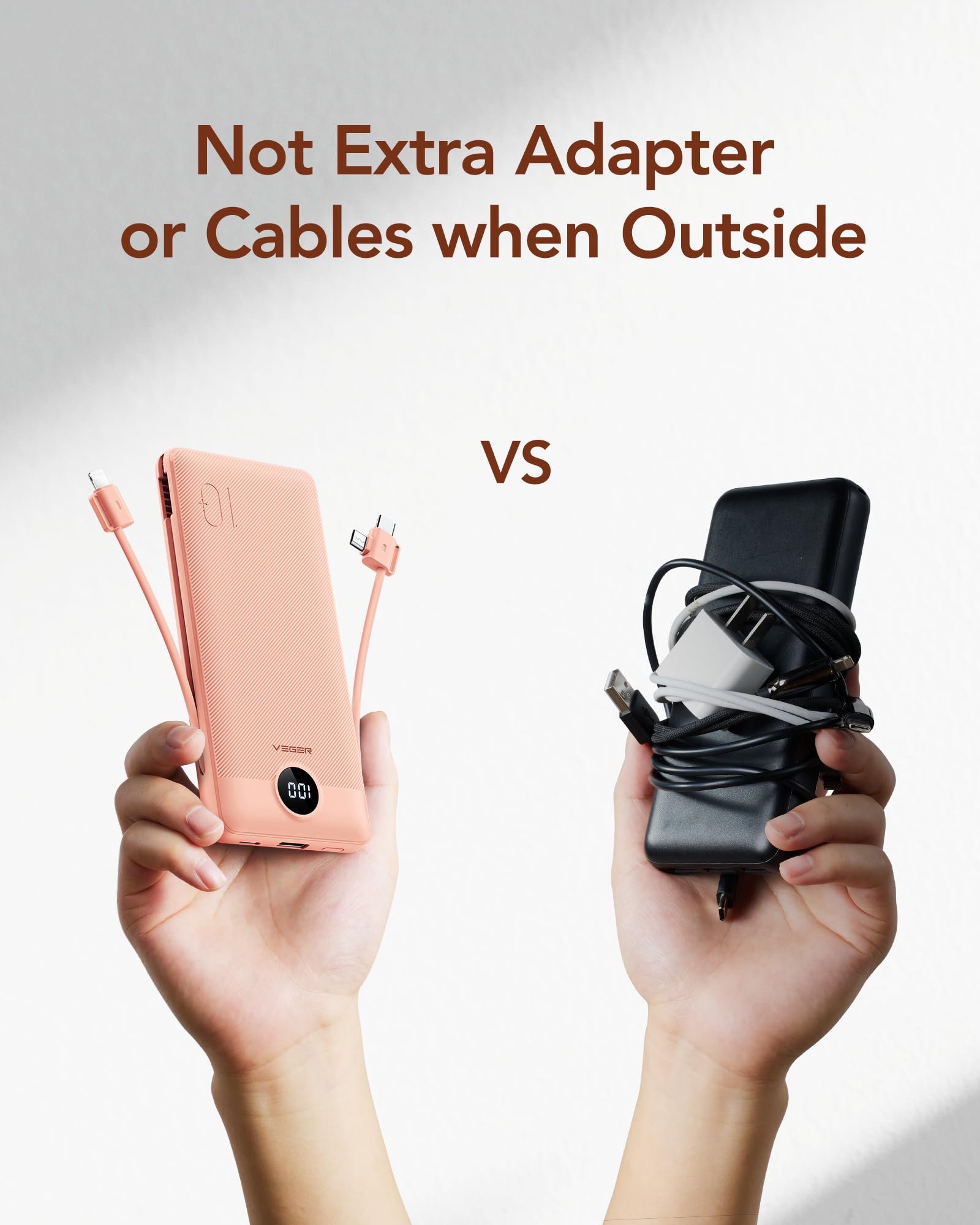 Foto 7 | Cargador Portátil Veger De 10000 Mah Con Cables Integrados, Color Rosa Oscuro - Venta Internacional.
