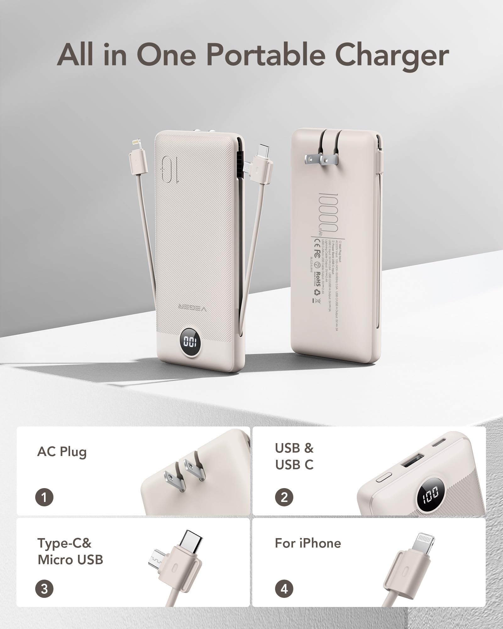 Foto 3 pulgar | Cargador Portátil Veger De 10000 Mah Con Cables Y Enchufe Integrados - Venta Internacional.
