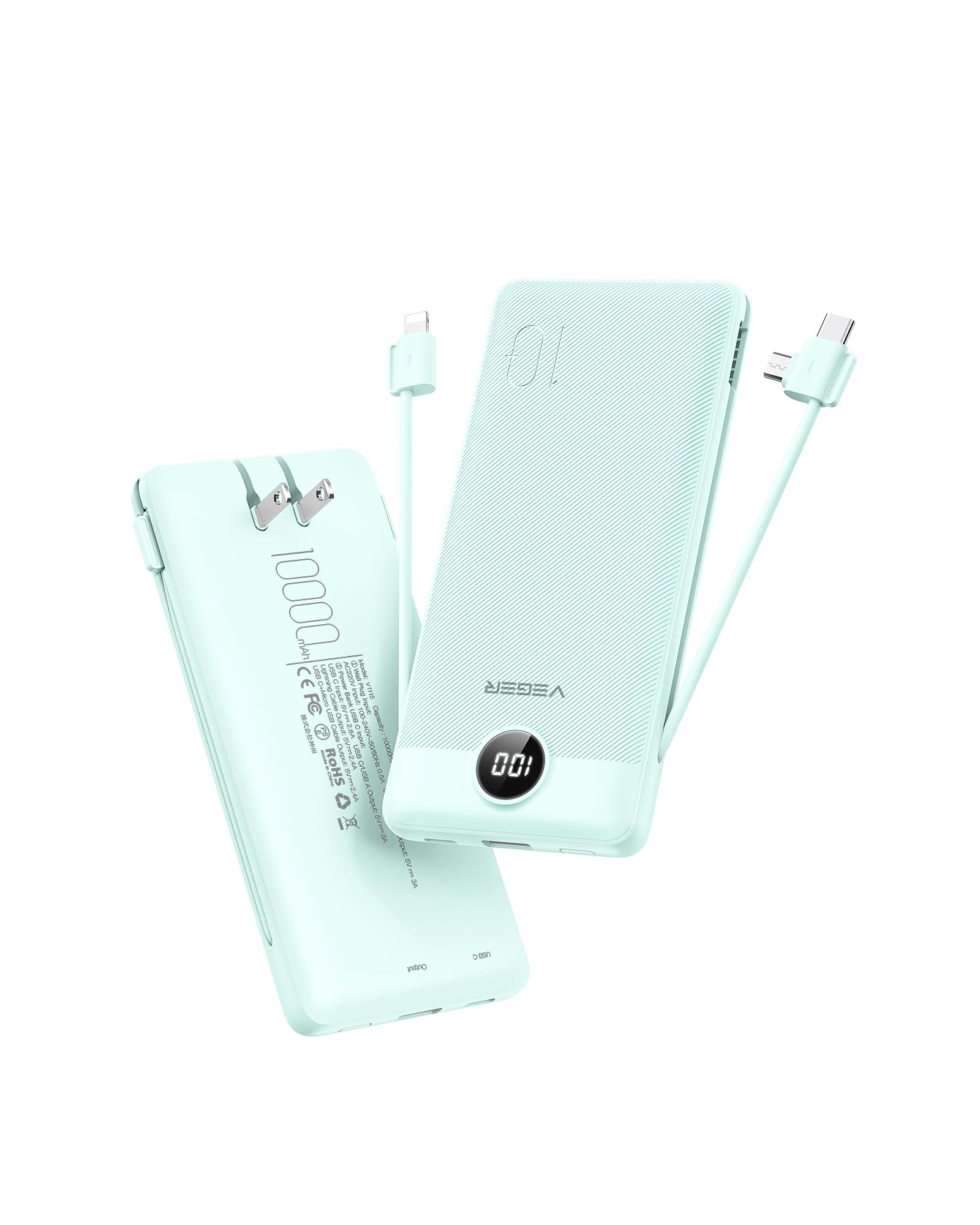 Foto 2 pulgar | Cargador Portátil Veger De 10000 Mah Con Cables Y Enchufe Integrados - Venta Internacional.