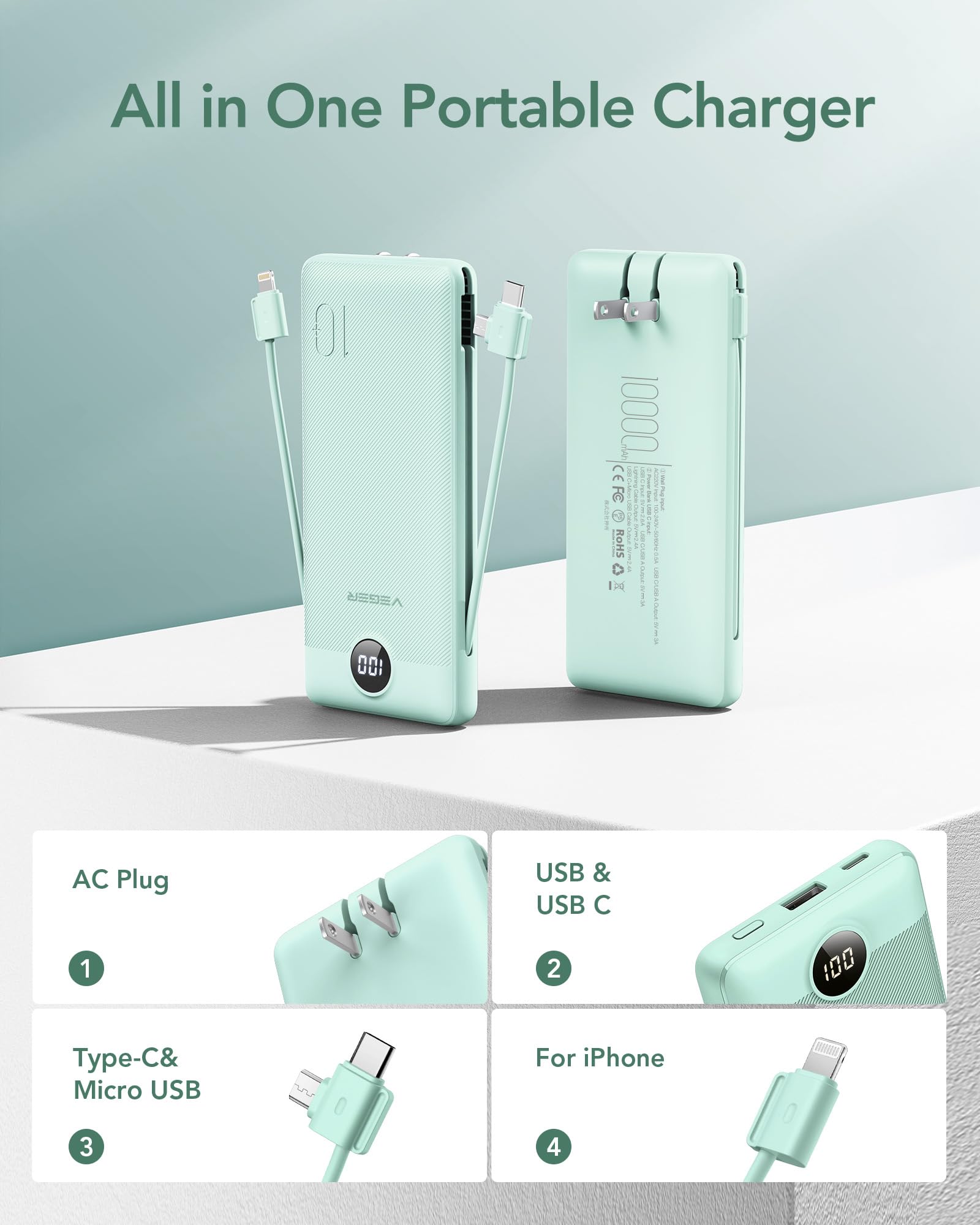 Foto 3 pulgar | Cargador Portátil Veger De 10000 Mah Con Cables Y Enchufe Integrados - Venta Internacional.