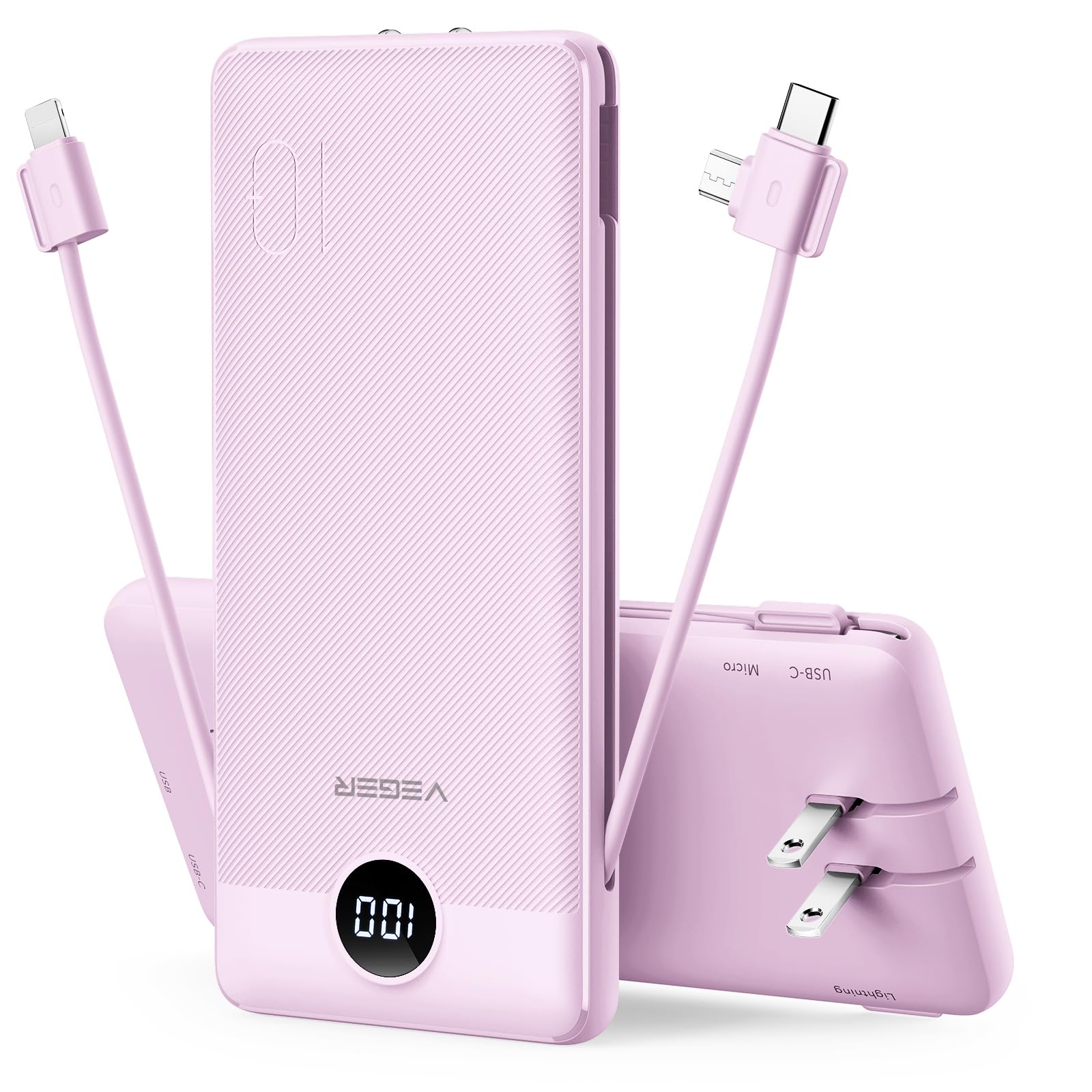Foto 2 pulgar | Cargador Portátil Veger De 10000 Mah Con Cables Integrados, Color Morado - Venta Internacional.