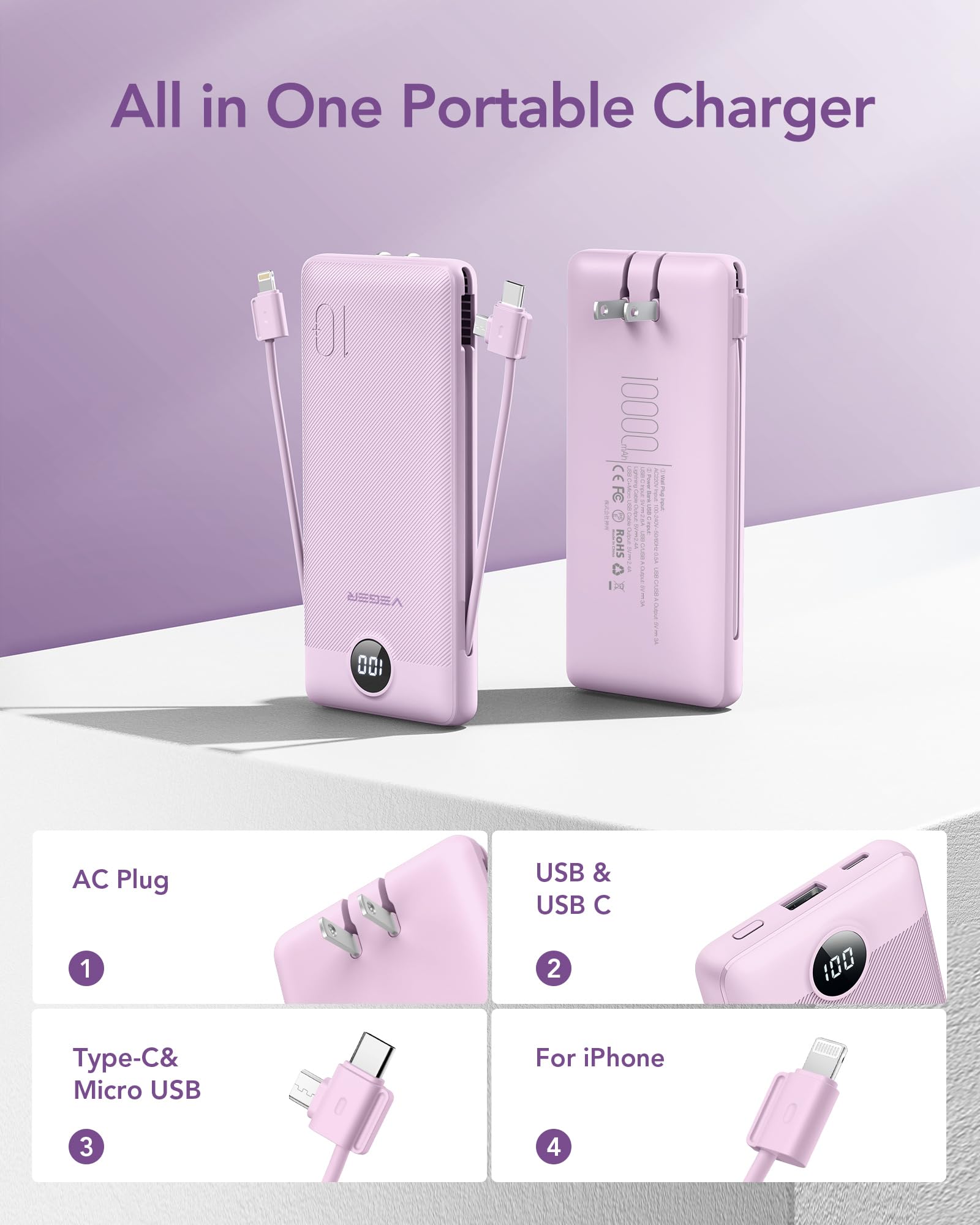 Foto 3 pulgar | Cargador Portátil Veger De 10000 Mah Con Cables Integrados, Color Morado - Venta Internacional.