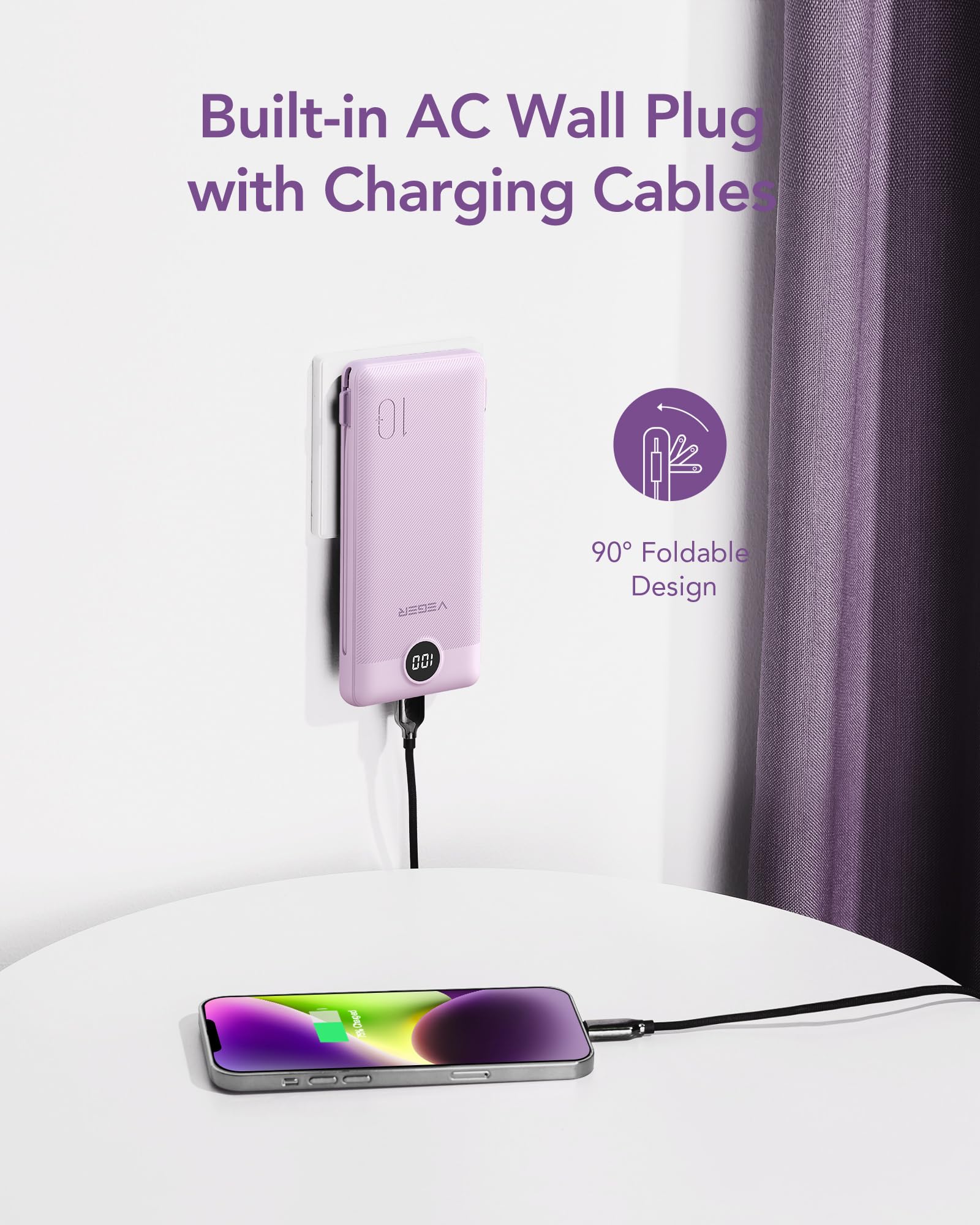Foto 4 pulgar | Cargador Portátil Veger De 10000 Mah Con Cables Integrados, Color Morado - Venta Internacional.