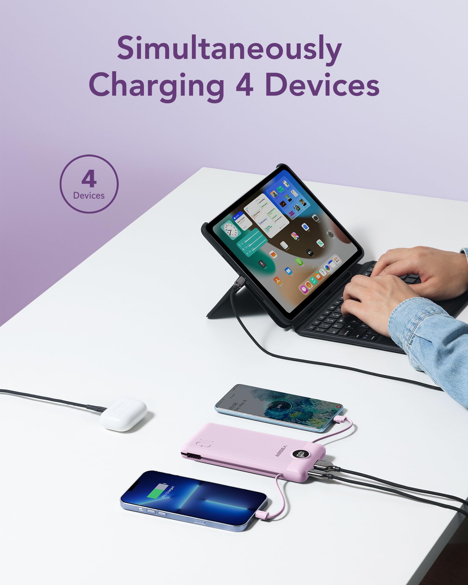 Foto 5 pulgar | Cargador Portátil Veger De 10000 Mah Con Cables Integrados, Color Morado - Venta Internacional.