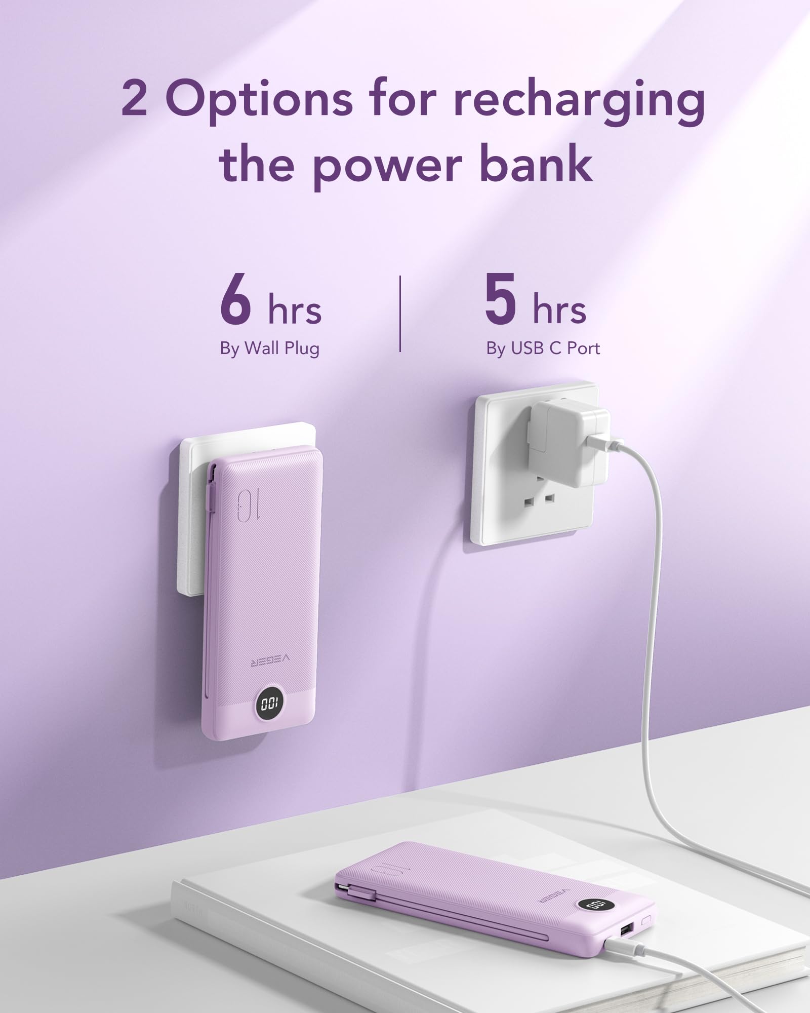 Foto 6 pulgar | Cargador Portátil Veger De 10000 Mah Con Cables Integrados, Color Morado - Venta Internacional.