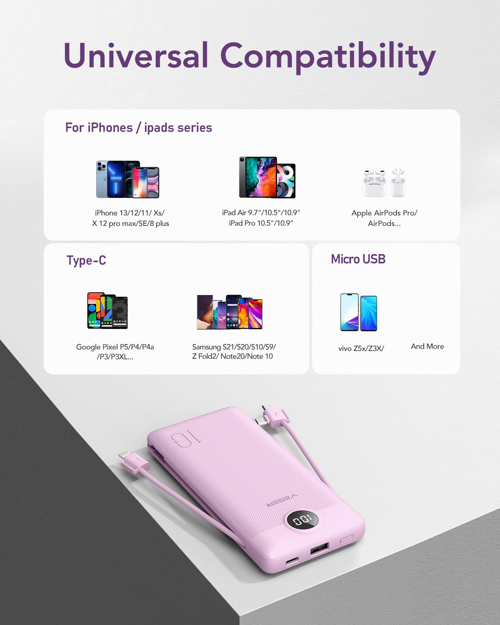 Foto 6 | Cargador Portátil Veger De 10000 Mah Con Cables Integrados, Color Morado - Venta Internacional.