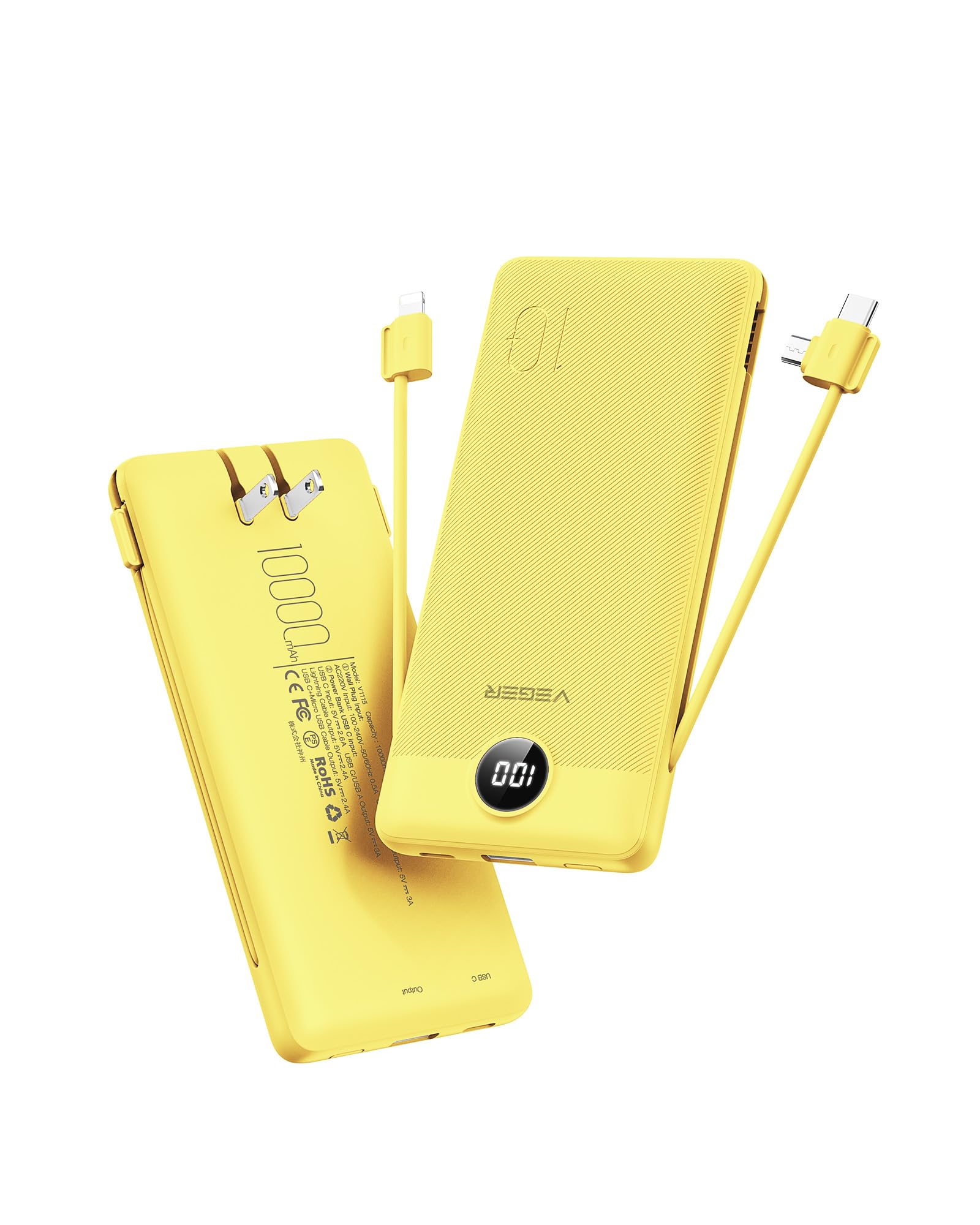 Foto 2 pulgar | Cargador Portátil Veger De 10000 Mah Con Cables Integrados, Color Amarillo - Venta Internacional.
