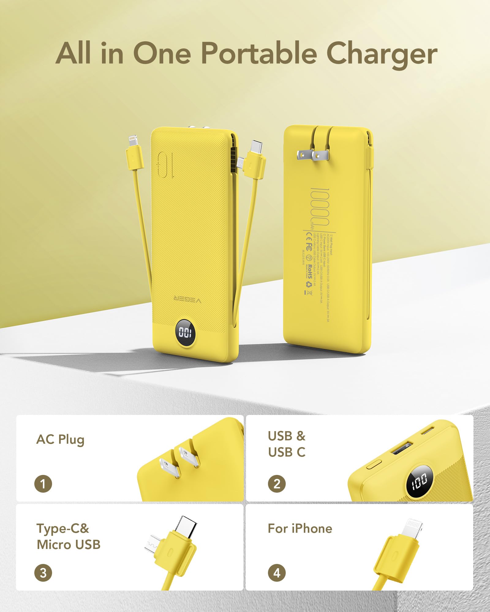 Foto 3 pulgar | Cargador Portátil Veger De 10000 Mah Con Cables Integrados, Color Amarillo - Venta Internacional.