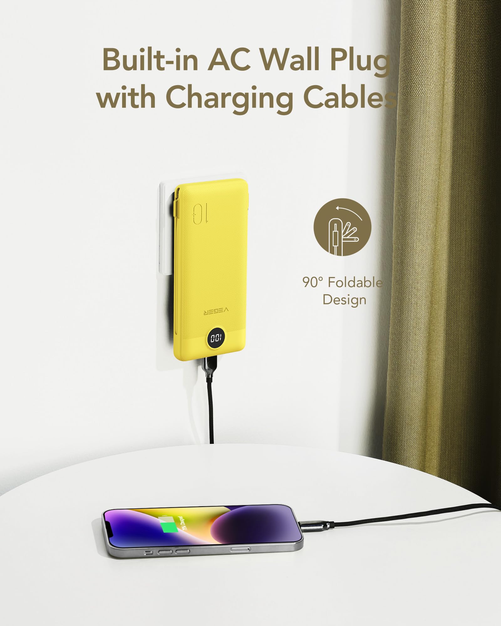 Foto 4 pulgar | Cargador Portátil Veger De 10000 Mah Con Cables Integrados, Color Amarillo - Venta Internacional.