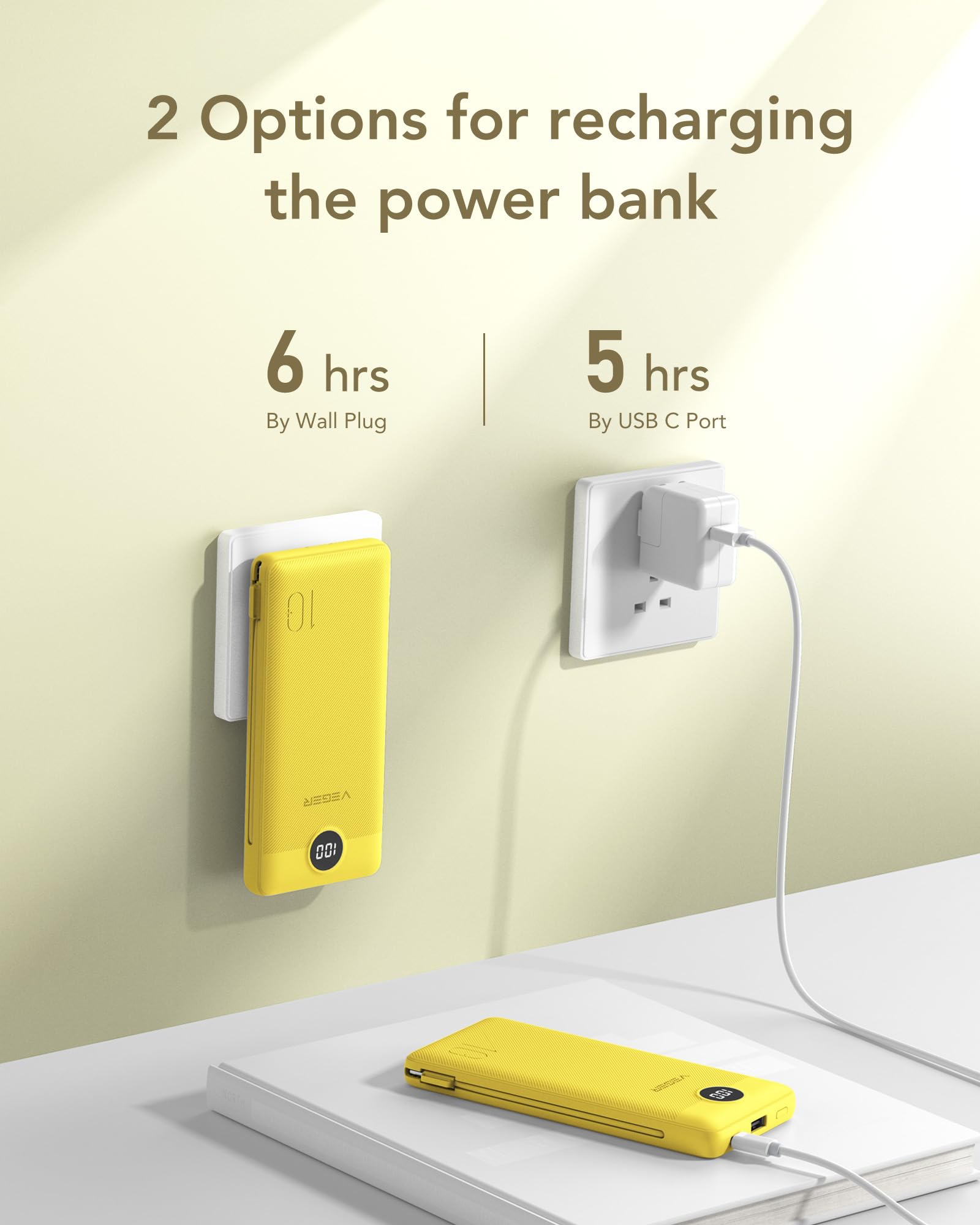 Foto 6 pulgar | Cargador Portátil Veger De 10000 Mah Con Cables Integrados, Color Amarillo - Venta Internacional.