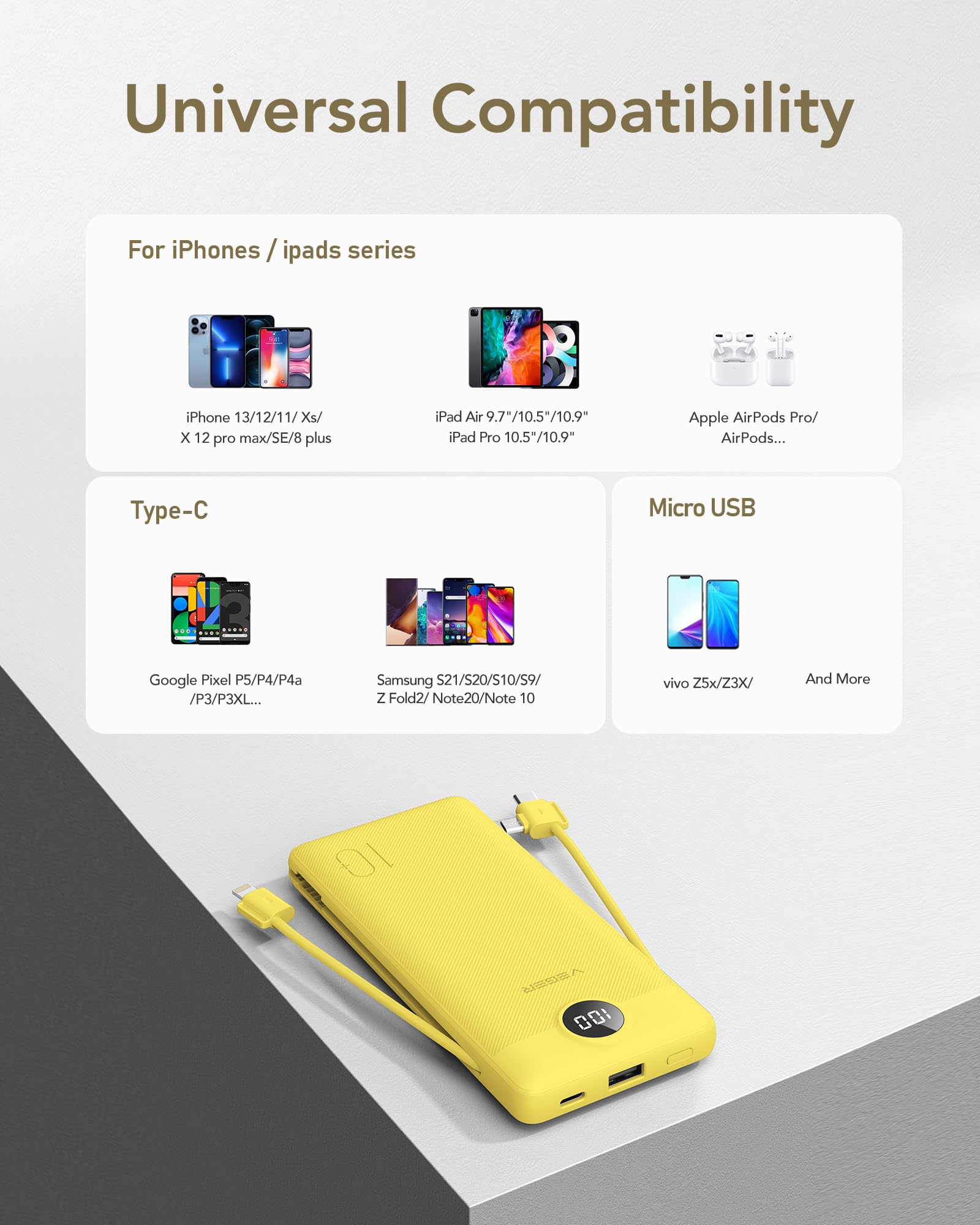 Foto 7 pulgar | Cargador Portátil Veger De 10000 Mah Con Cables Integrados, Color Amarillo - Venta Internacional.