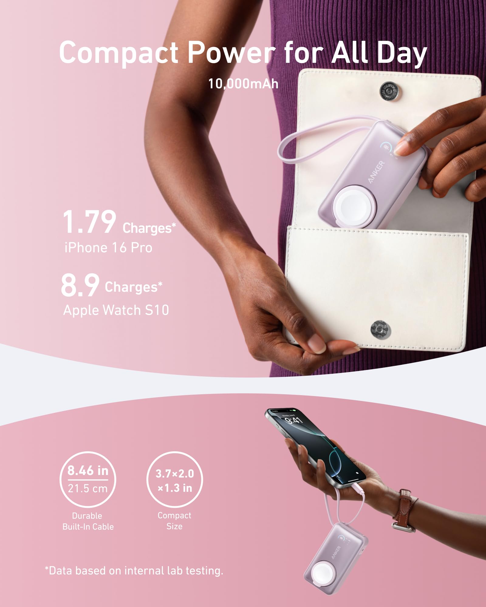Foto 5 pulgar | Power Bank Anker Maggo De 10.000 Mah Con Cable Usb-c Incorporado, Color Rosa - Venta Internacional.