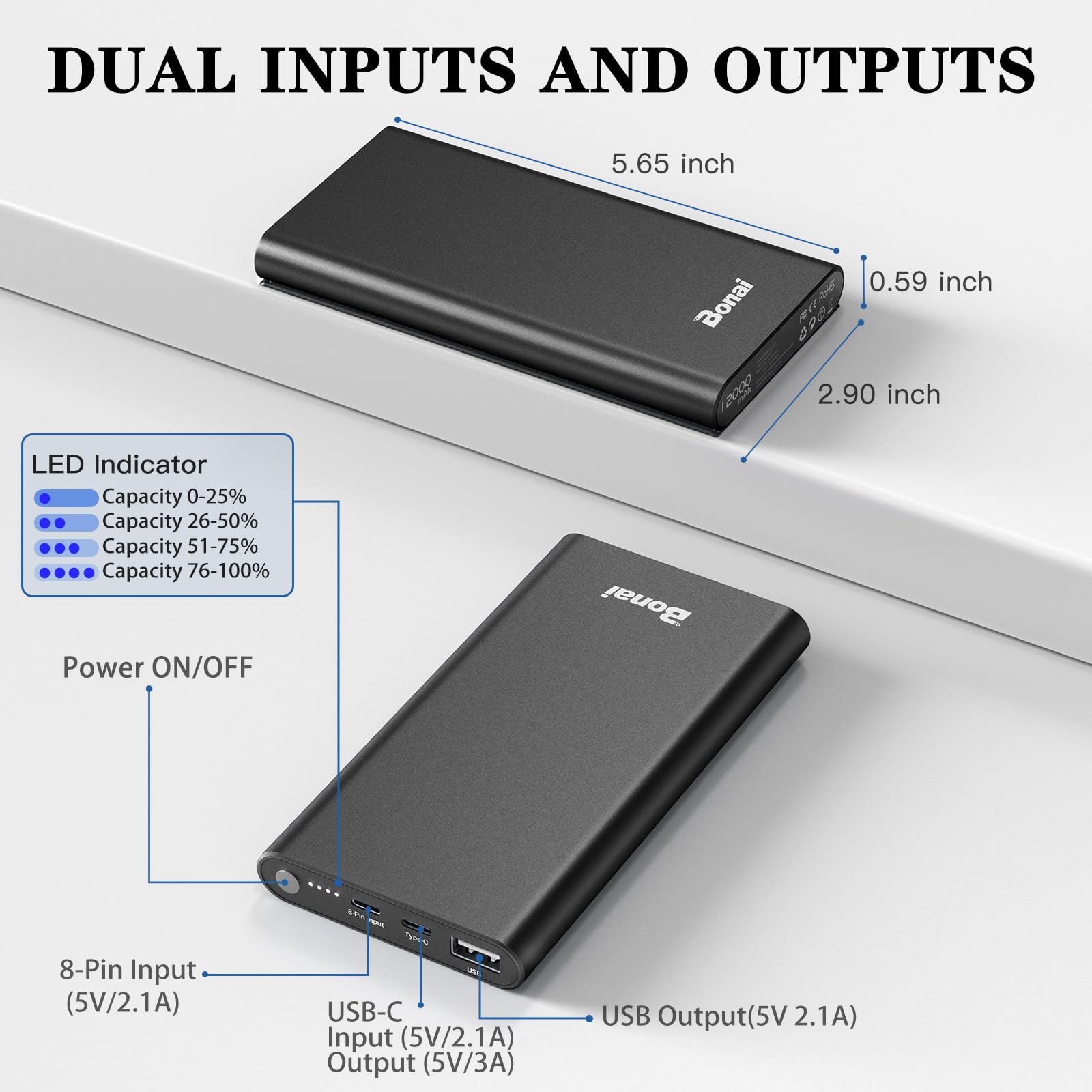 Foto 5 pulgar | Cargador Portátil Power Bank Bonai De 12.000 Mah, 5 V/3 A, Negro - Venta Internacional.