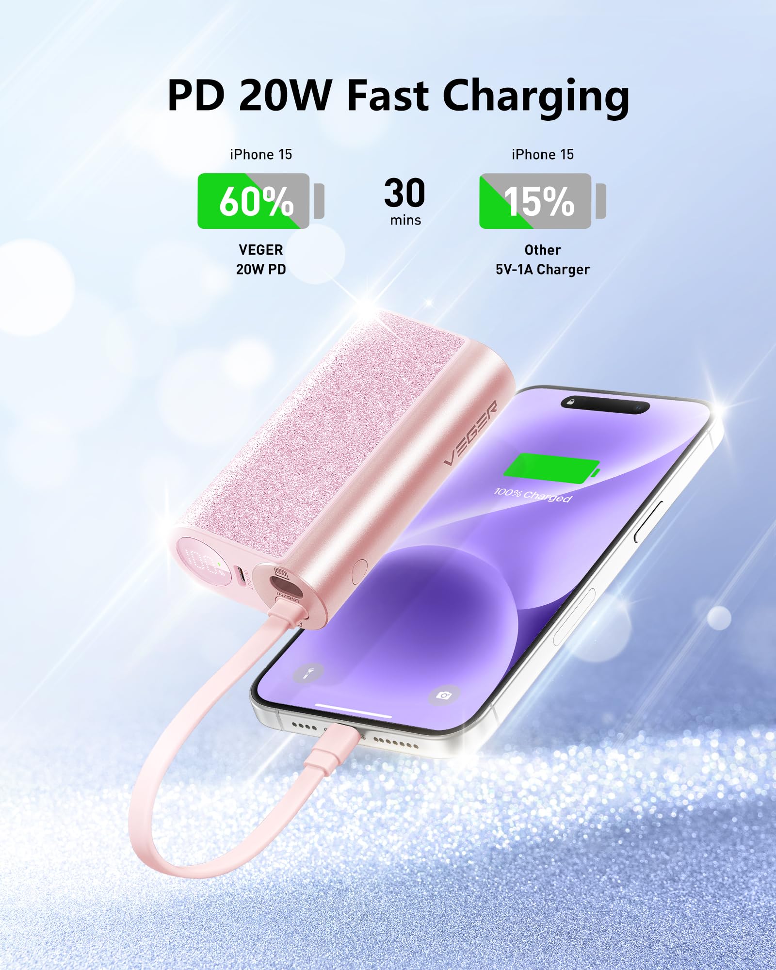 Foto 6 pulgar | Cargador Portátil Compacto Power Bank Veger De 10000 Mah Y 20 W, Color Rosa - Venta Internacional.