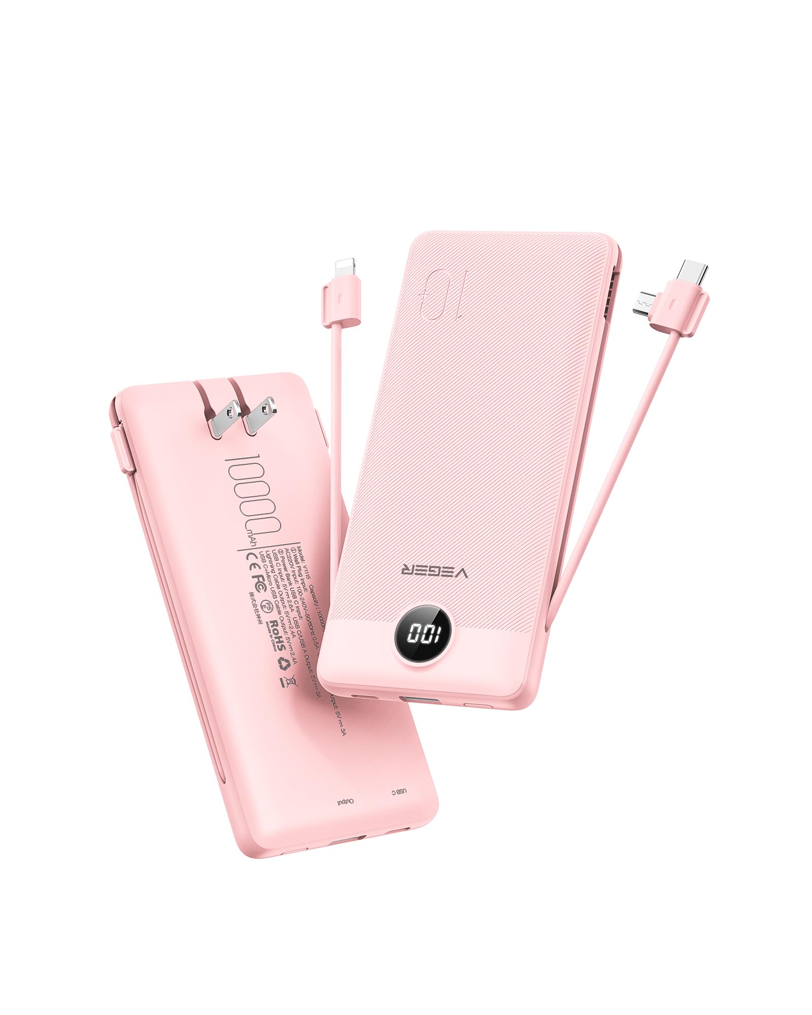 Foto 2 pulgar | Cargador Portátil Veger De 10000 Mah Con Cables Y Enchufe Integrados - Venta Internacional.