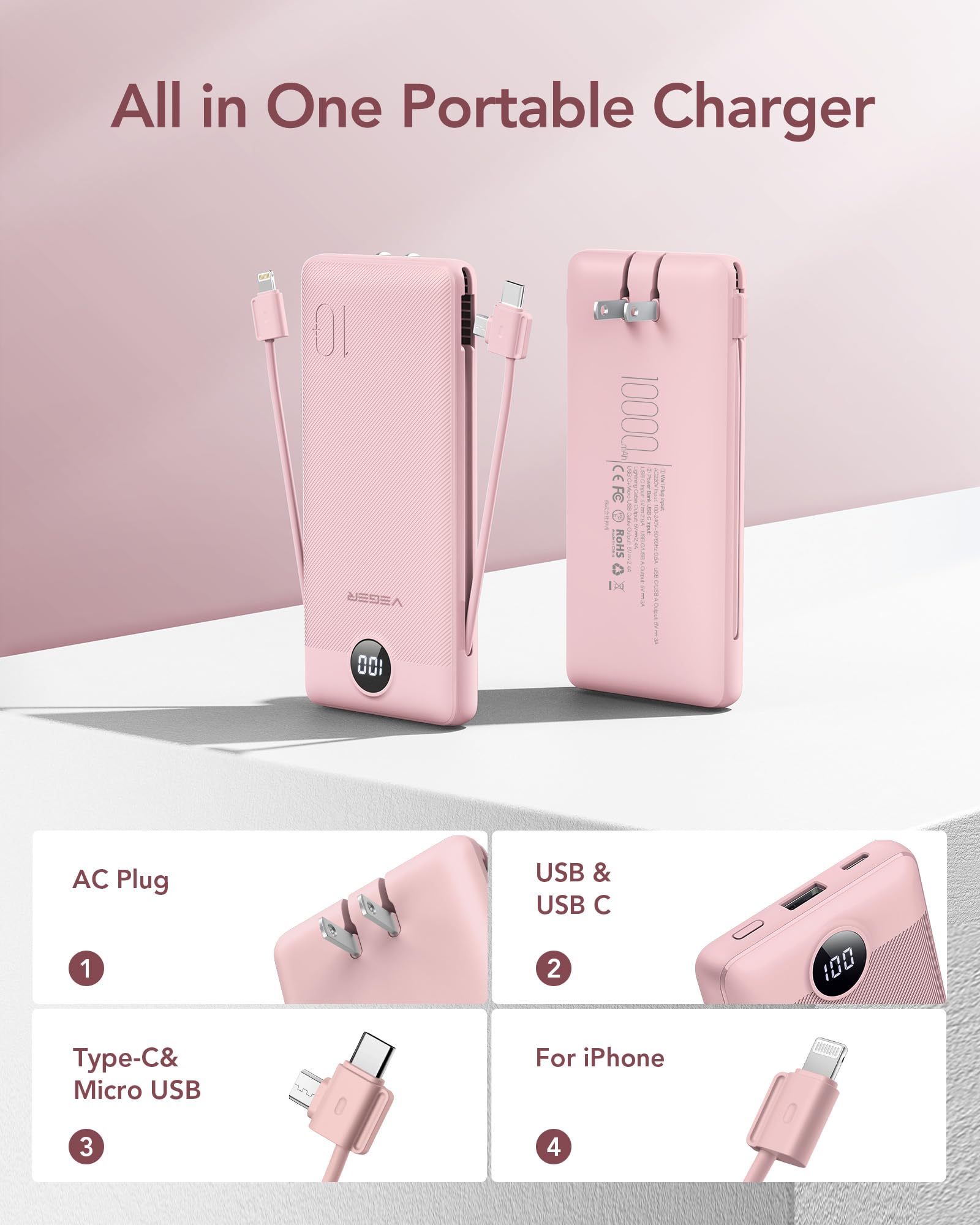 Foto 3 pulgar | Cargador Portátil Veger De 10000 Mah Con Cables Y Enchufe Integrados - Venta Internacional.