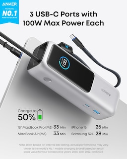 Foto 2 | Portátil Power Bank Anker De 25 000 Mah Con Tres Puertos Usb-c De 100 W - Venta Internacional.