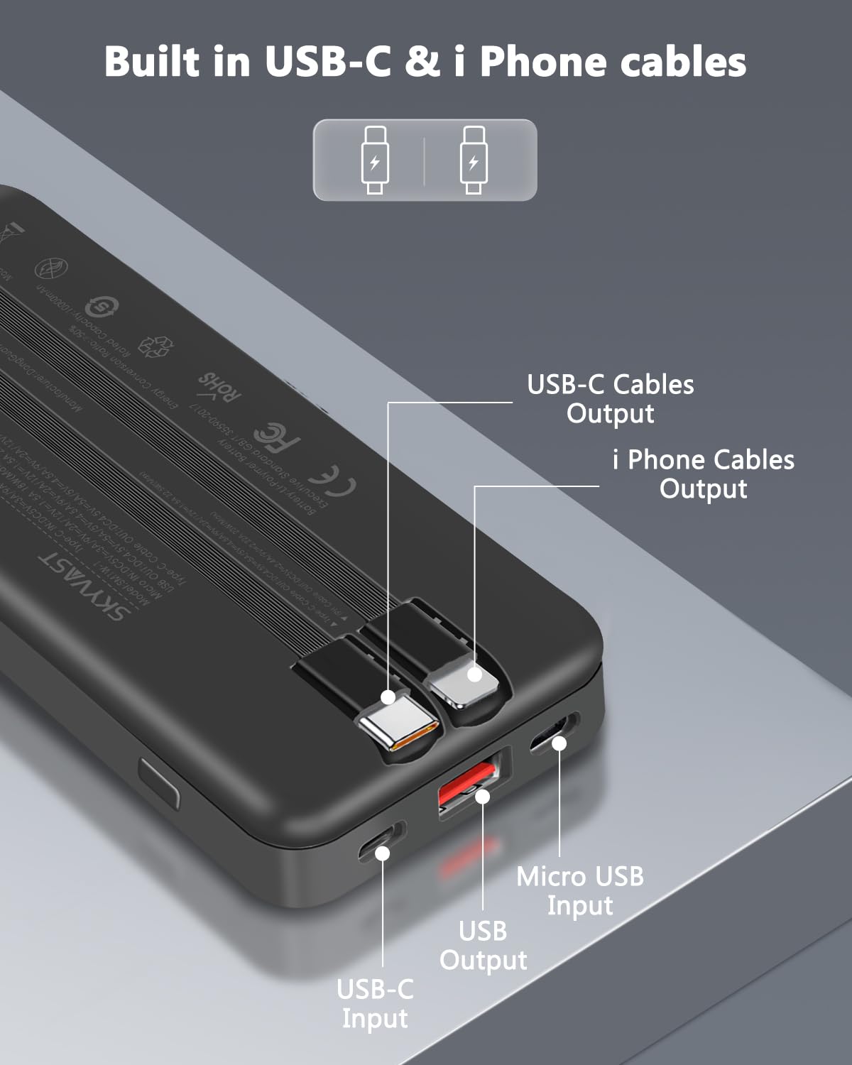 Foto 3 pulgar | Cargador Portátil Powerbank Skyvast De 10000 Mah Con 2 Cables - Venta Internacional.
