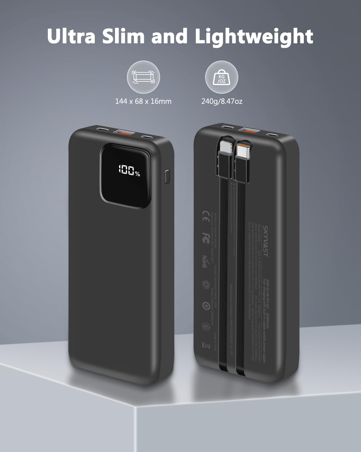 Foto 5 pulgar | Cargador Portátil Powerbank Skyvast De 10000 Mah Con 2 Cables - Venta Internacional.