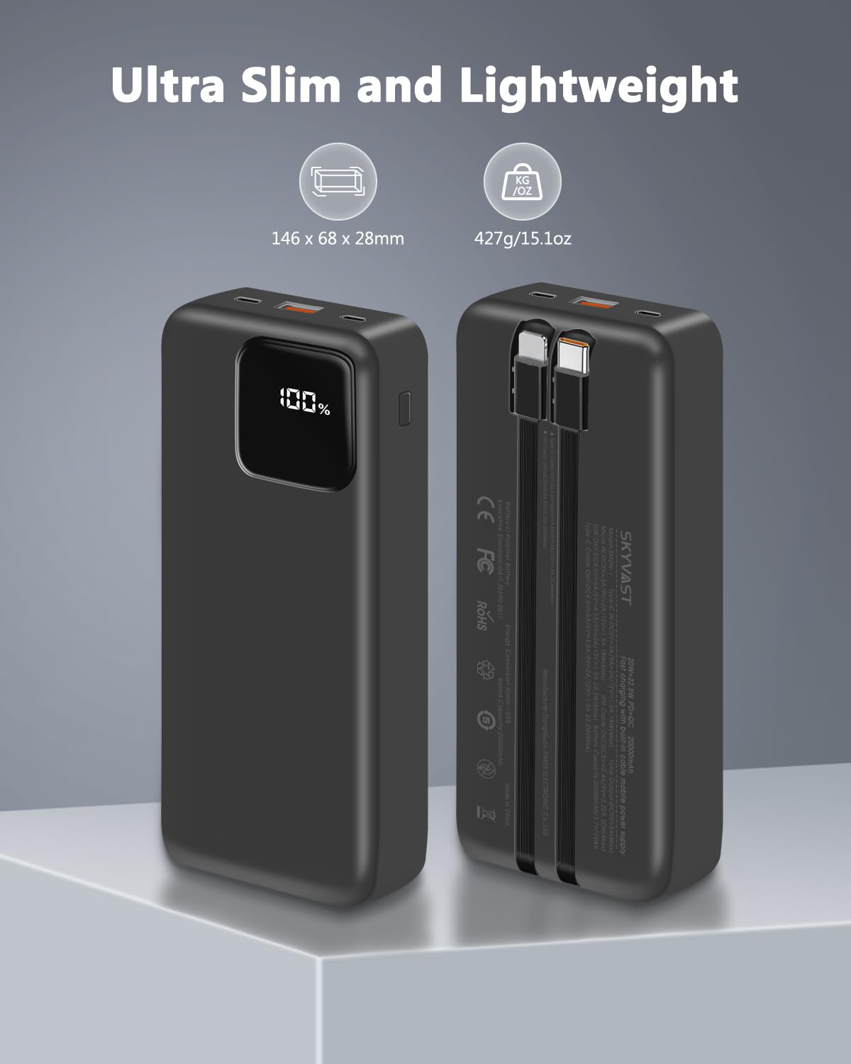 Foto 5 pulgar | Cargador Portátil Powerbank Skyvast De 20000 Mah Con 2 Cables - Venta Internacional.
