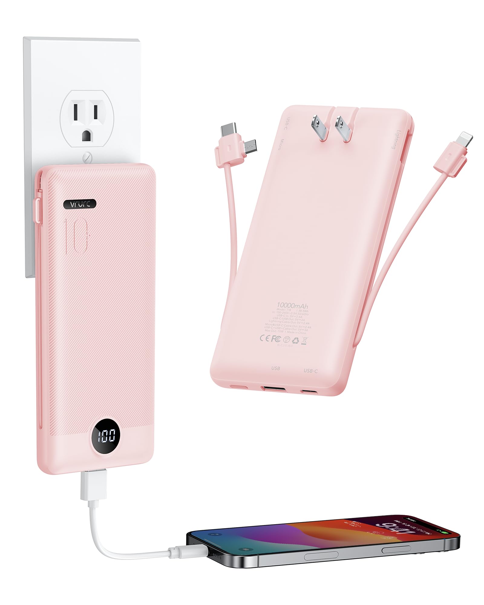 Foto 2 pulgar | Cargador Portátil Power Bank Vrurc De 10000 Mah Con Enchufe De Pared, Color Rosa - Venta Internacional.