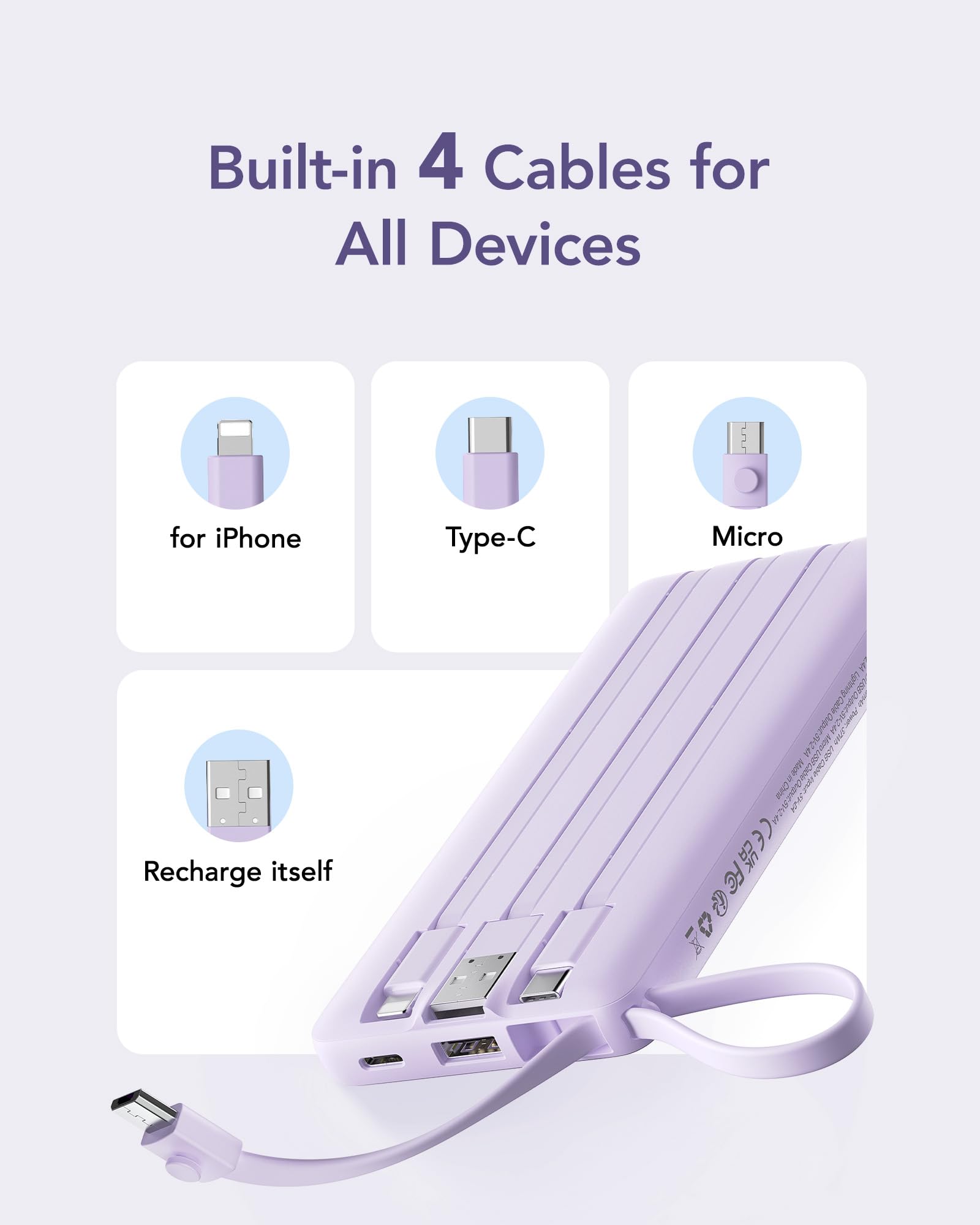 Foto 3 pulgar | Cargador Portátil Power Bank Vrurc De 10000 Mah Con Cables, Color Lavanda - Venta Internacional.