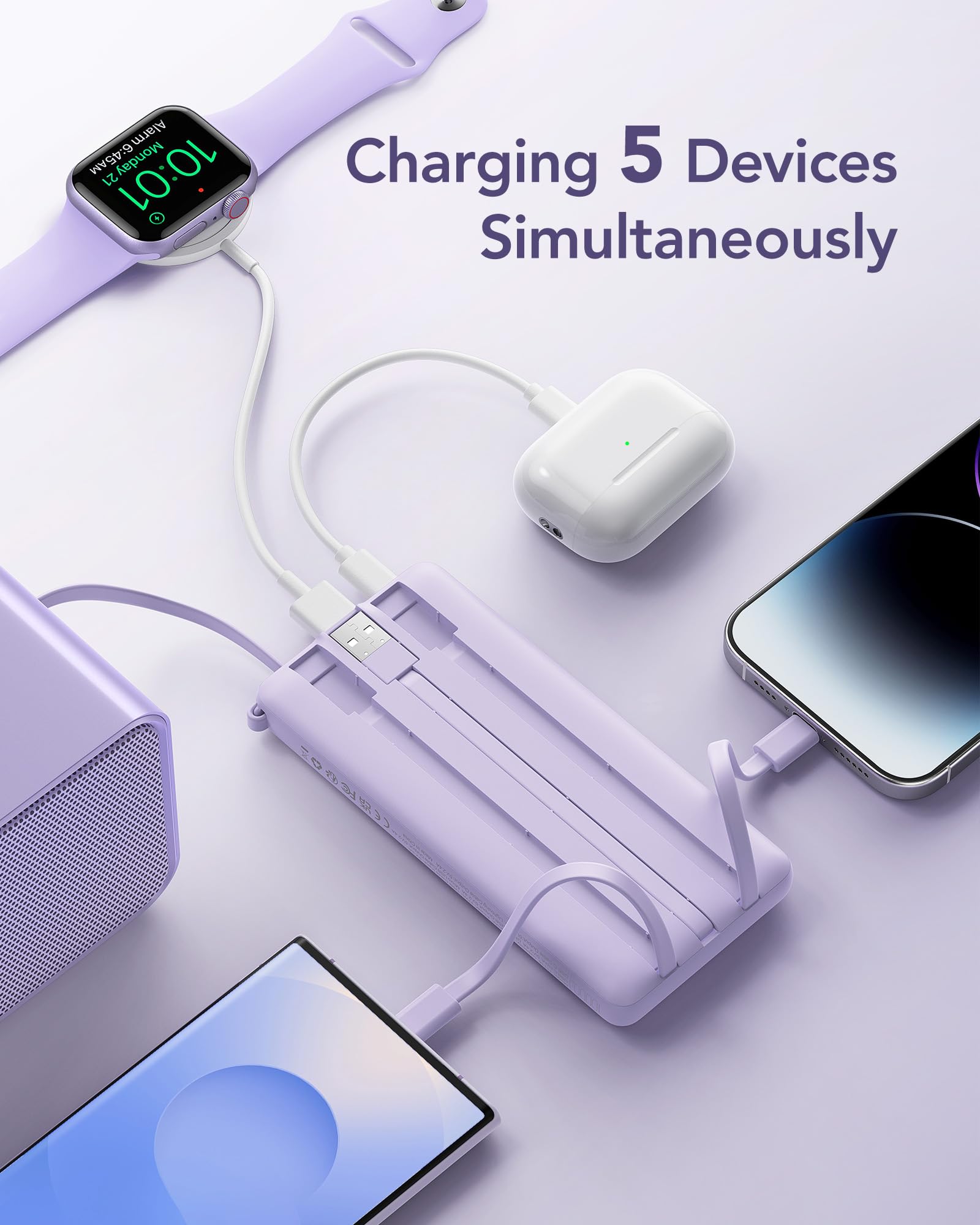 Foto 4 pulgar | Cargador Portátil Power Bank Vrurc De 10000 Mah Con Cables, Color Lavanda - Venta Internacional.