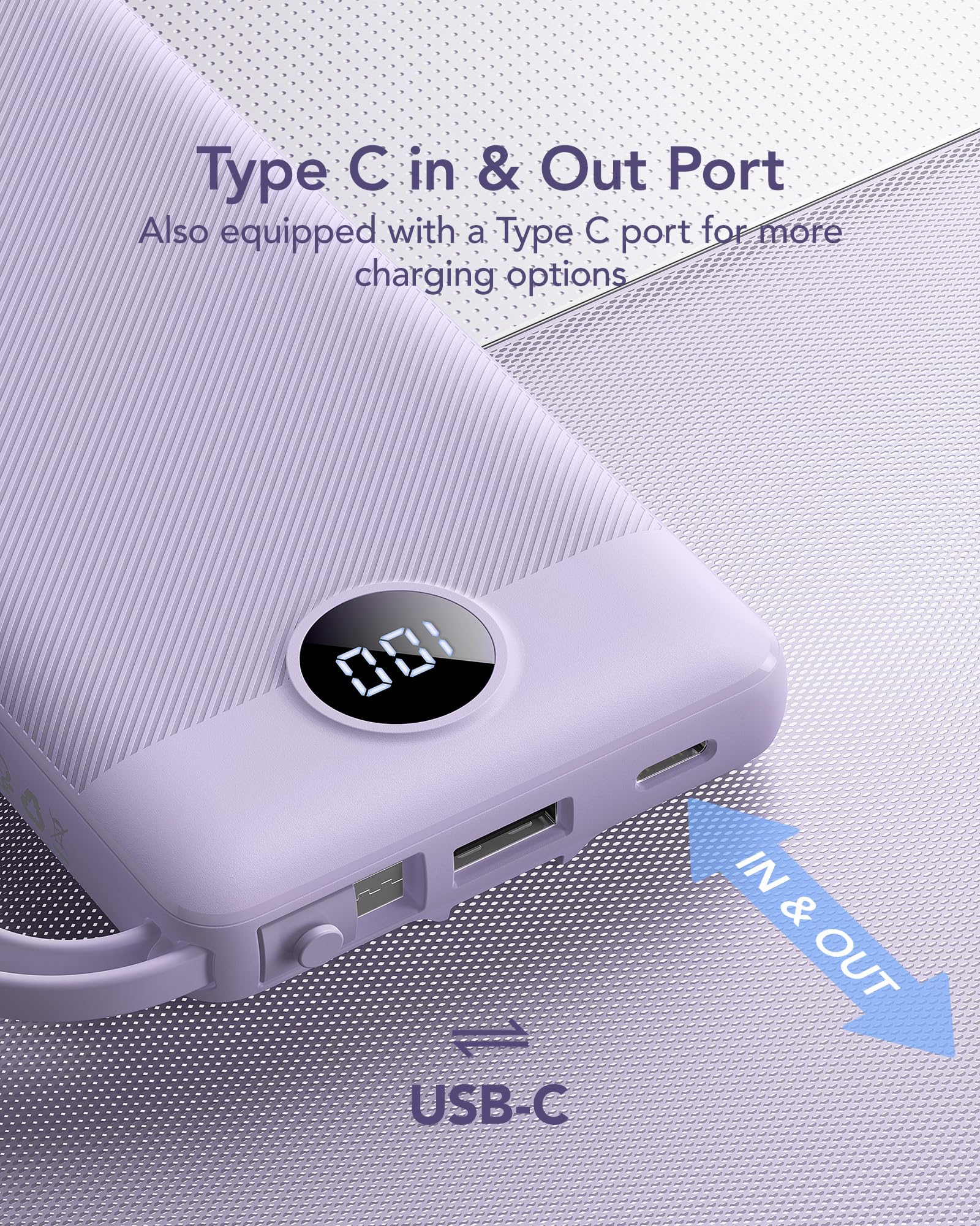 Foto 5 pulgar | Cargador Portátil Power Bank Vrurc De 10000 Mah Con Cables, Color Lavanda - Venta Internacional.