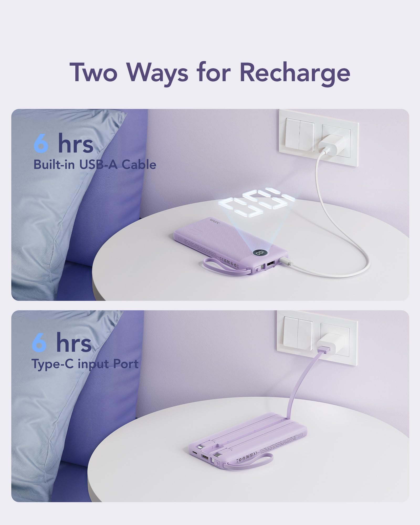 Foto 7 pulgar | Cargador Portátil Power Bank Vrurc De 10000 Mah Con Cables, Color Lavanda - Venta Internacional.