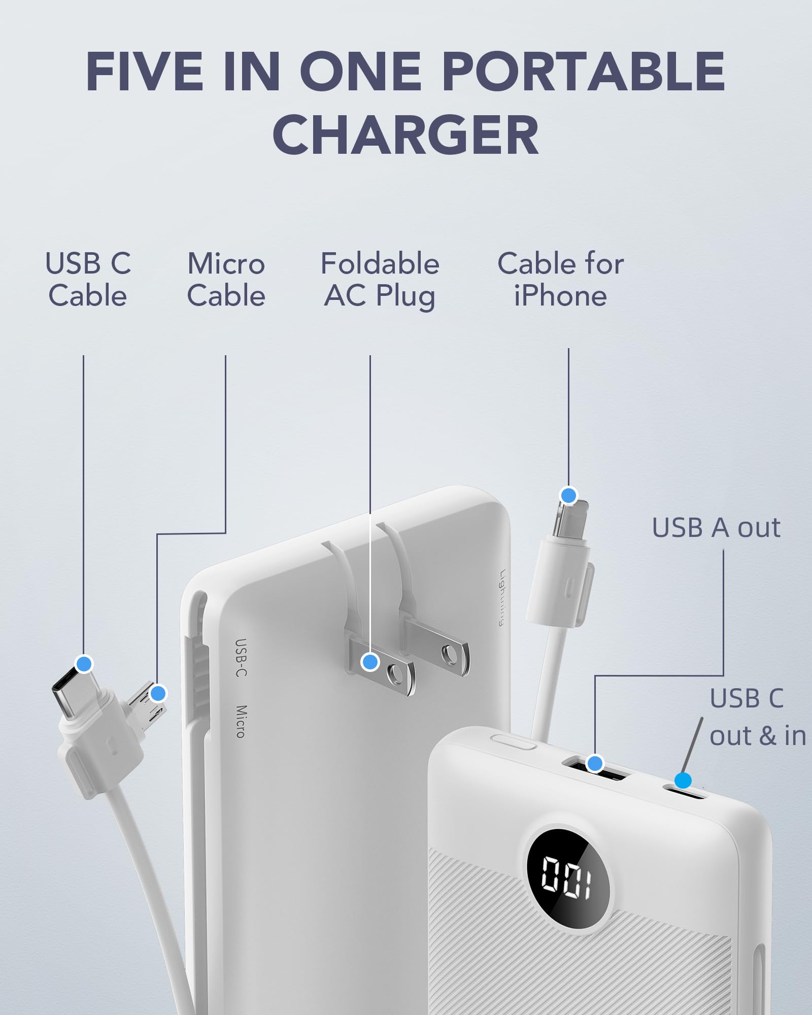 Foto 4 pulgar | Cargador Portátil Vrurc, 1000 Mah, Usb C, Cables Integrados, Color Blanco - Venta Internacional.