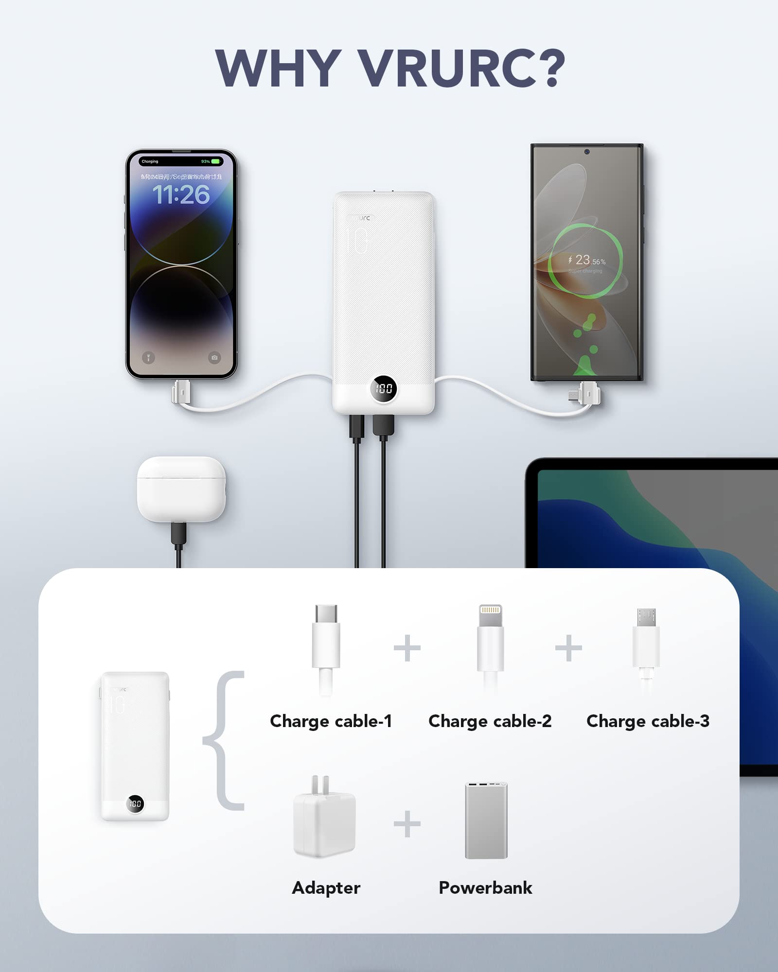 Foto 5 pulgar | Cargador Portátil Vrurc, 1000 Mah, Usb C, Cables Integrados, Color Blanco - Venta Internacional.