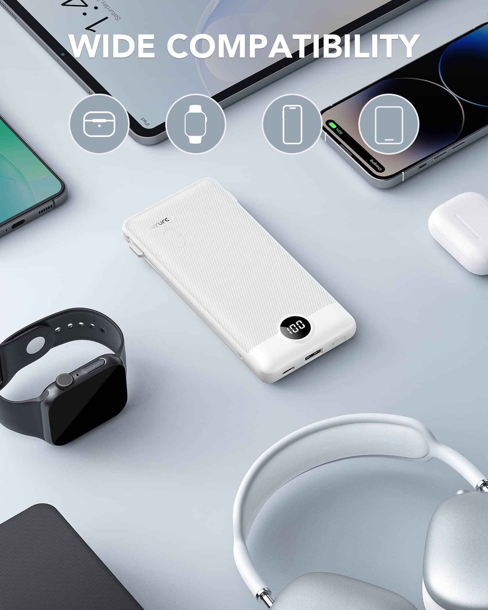 Foto 7 pulgar | Cargador Portátil Vrurc, 1000 Mah, Usb C, Cables Integrados, Color Blanco - Venta Internacional.