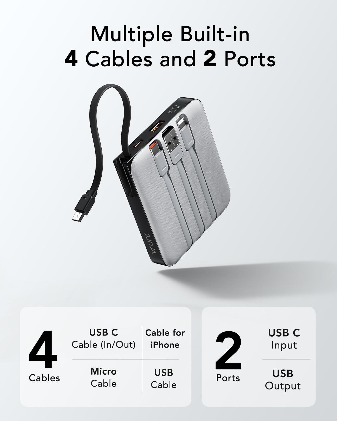 Foto 2 | Cargador Portátil Vrurc De 10000 Mah Con 4 Cables Integrados, Color Gris - Venta Internacional.