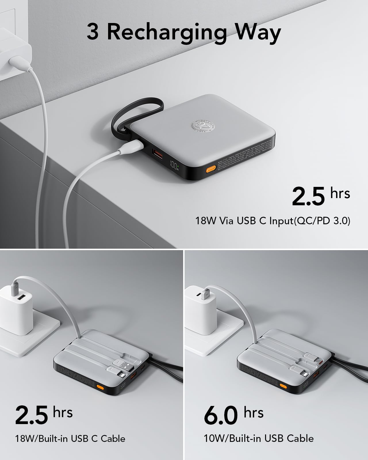 Foto 6 pulgar | Cargador Portátil Vrurc De 10000 Mah Con 4 Cables Integrados, Color Gris - Venta Internacional.