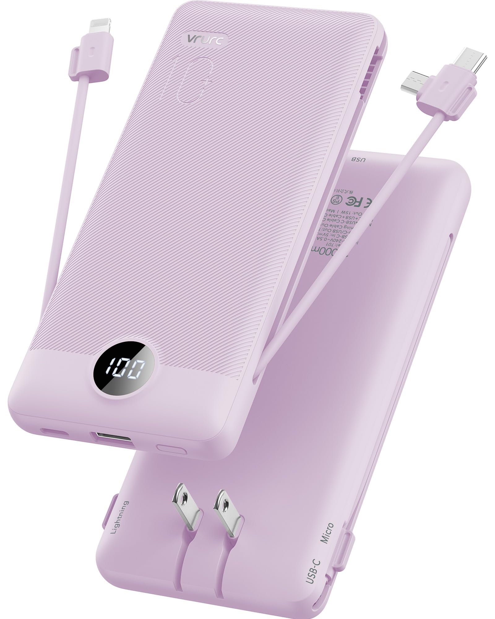 Foto 2 pulgar | Cargador Portátil Vrurc De 10000 Mah Con Cables Y Enchufe Integrados - Venta Internacional.