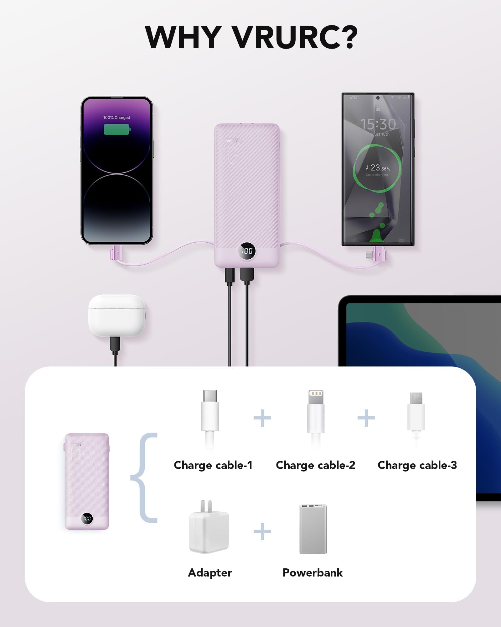 Foto 5 pulgar | Cargador Portátil Vrurc De 10000 Mah Con Cables Y Enchufe Integrados - Venta Internacional.