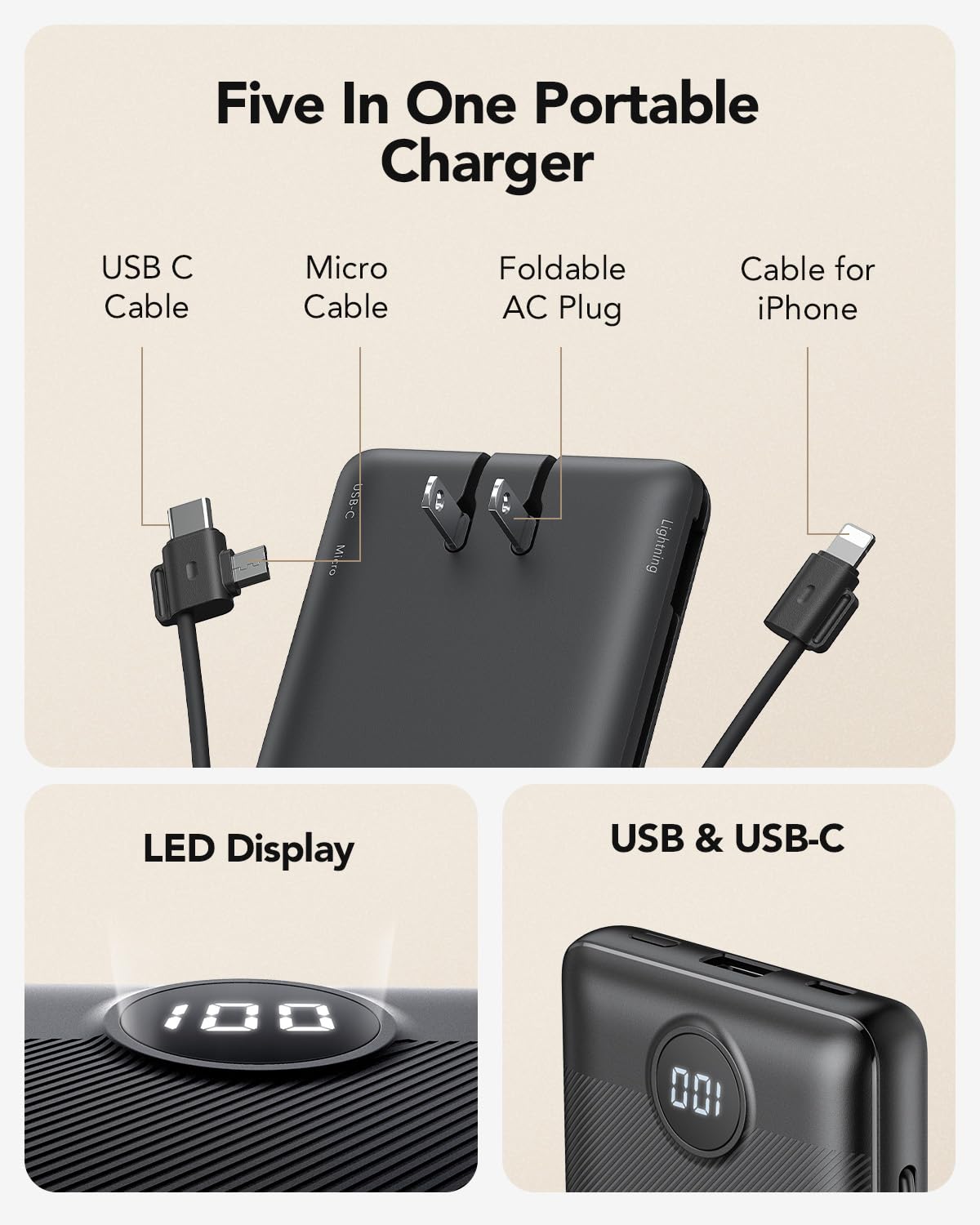 Foto 3 pulgar | Cargador Portátil Vrurc De 10000 Mah Con Cables Y Enchufe Integrados - Venta Internacional.