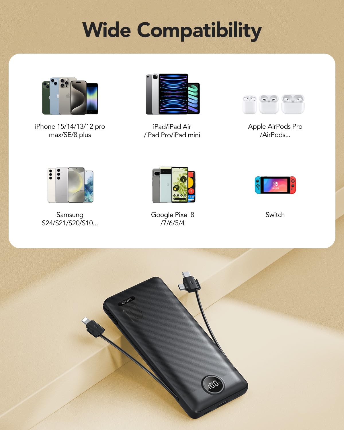 Foto 7 | Cargador Portátil Vrurc De 10000 Mah Con Cables Y Enchufe Integrados - Venta Internacional.