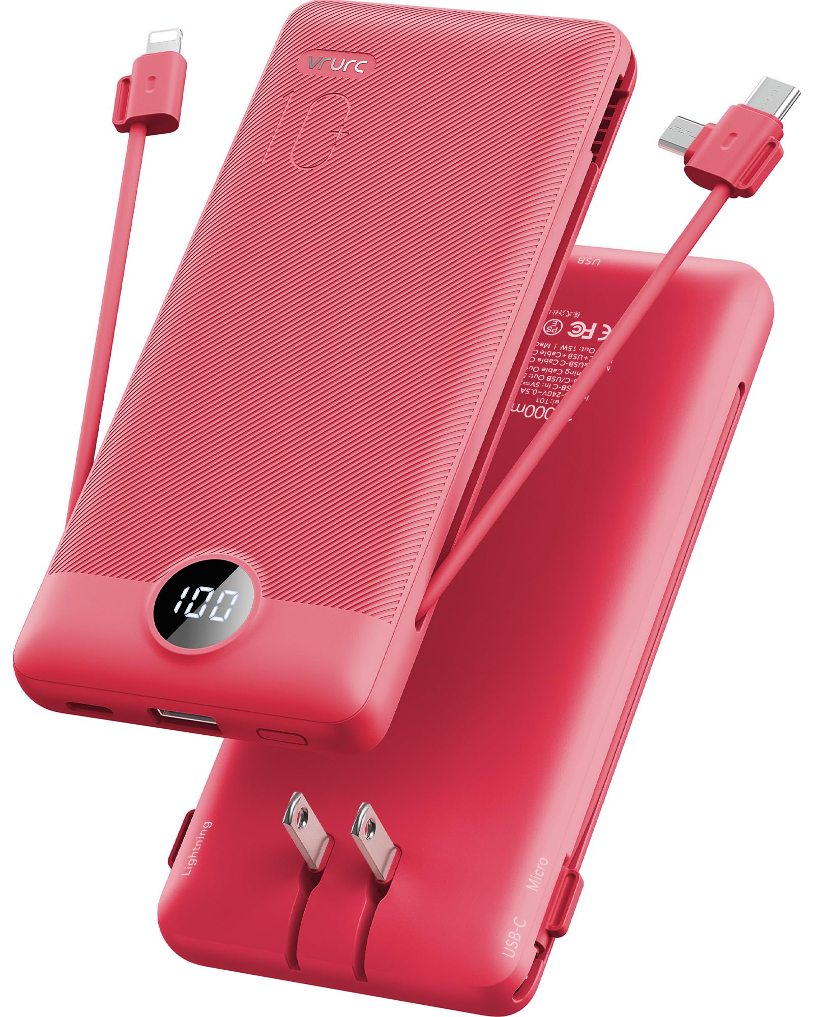 Foto 2 pulgar | Cargador Portátil Vrurc De 10000 Mah Con Cables Y Enchufe Integrados - Venta Internacional.