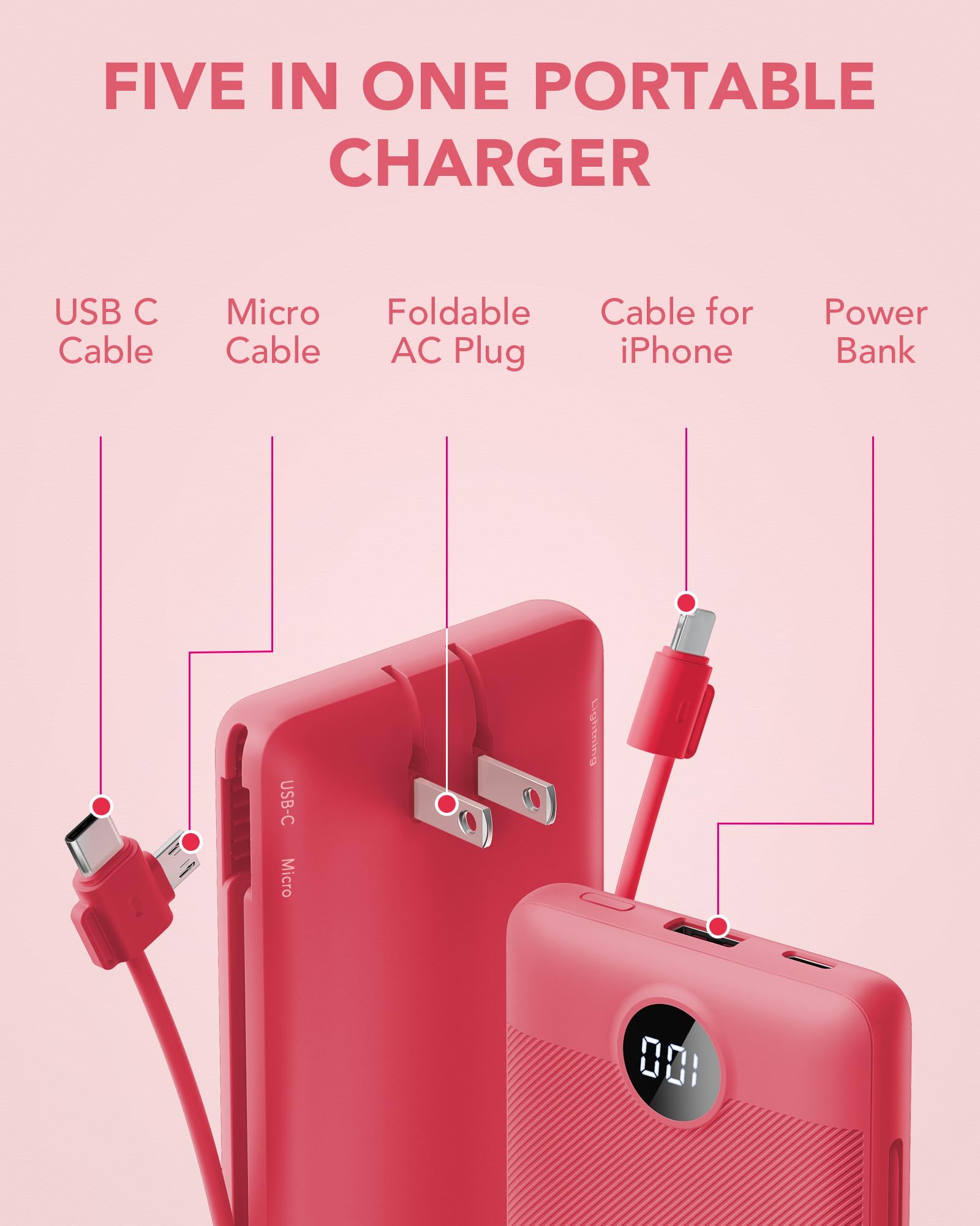 Foto 4 pulgar | Cargador Portátil Vrurc De 10000 Mah Con Cables Y Enchufe Integrados - Venta Internacional.