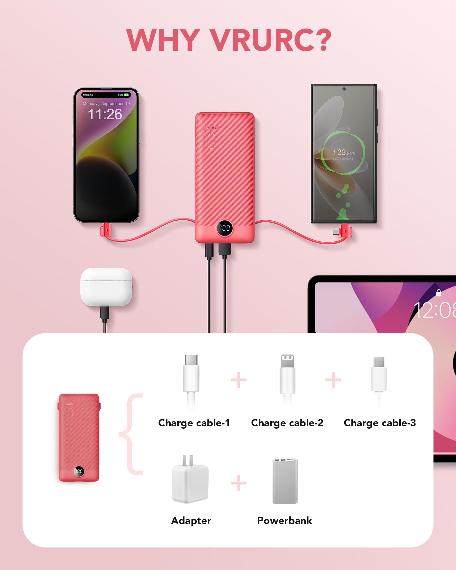 Foto 5 pulgar | Cargador Portátil Vrurc De 10000 Mah Con Cables Y Enchufe Integrados - Venta Internacional.
