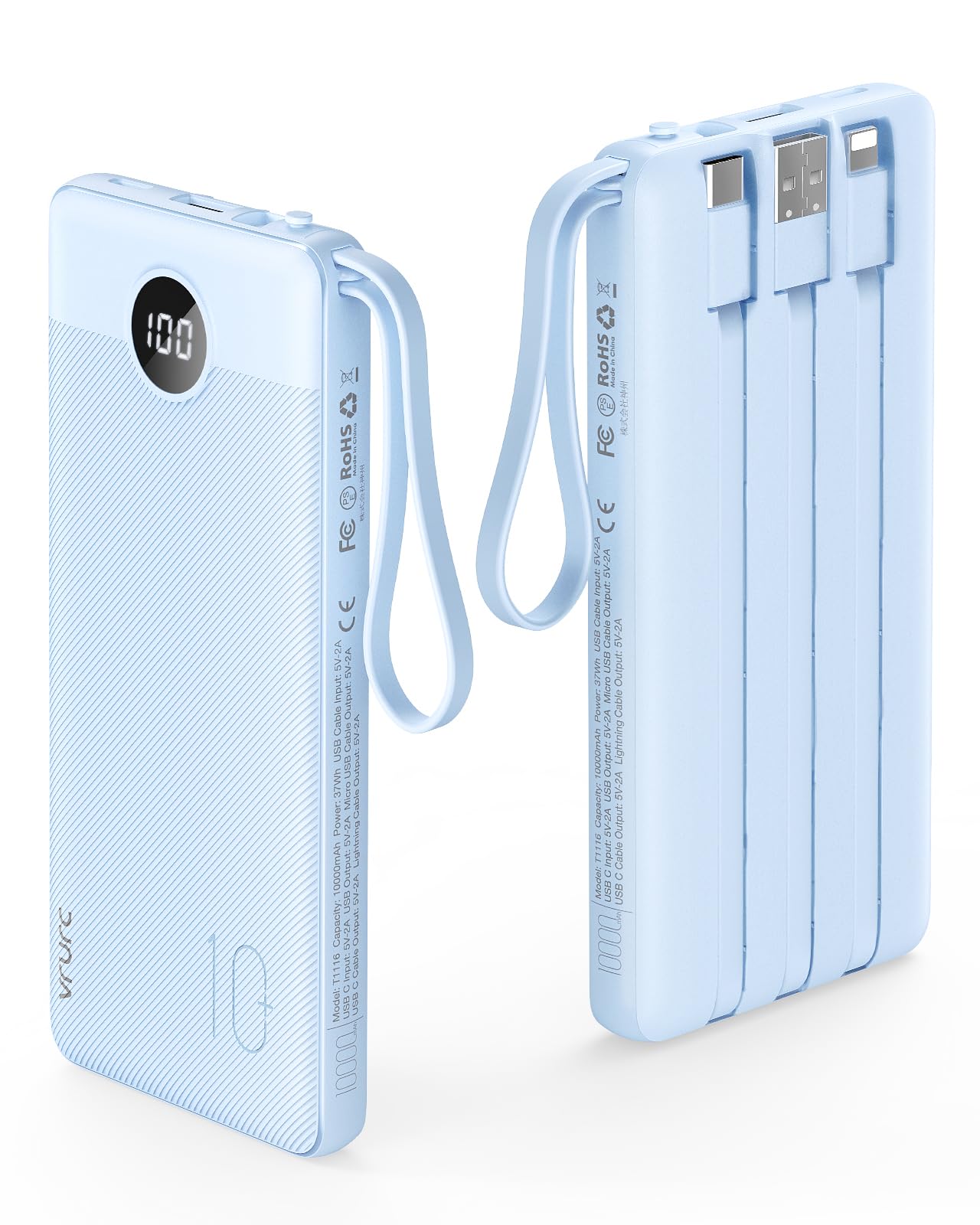 Foto 2 pulgar | Power Bank Vrurc De 10000 Mah Con Cables Integrados, Azul - Venta Internacional.