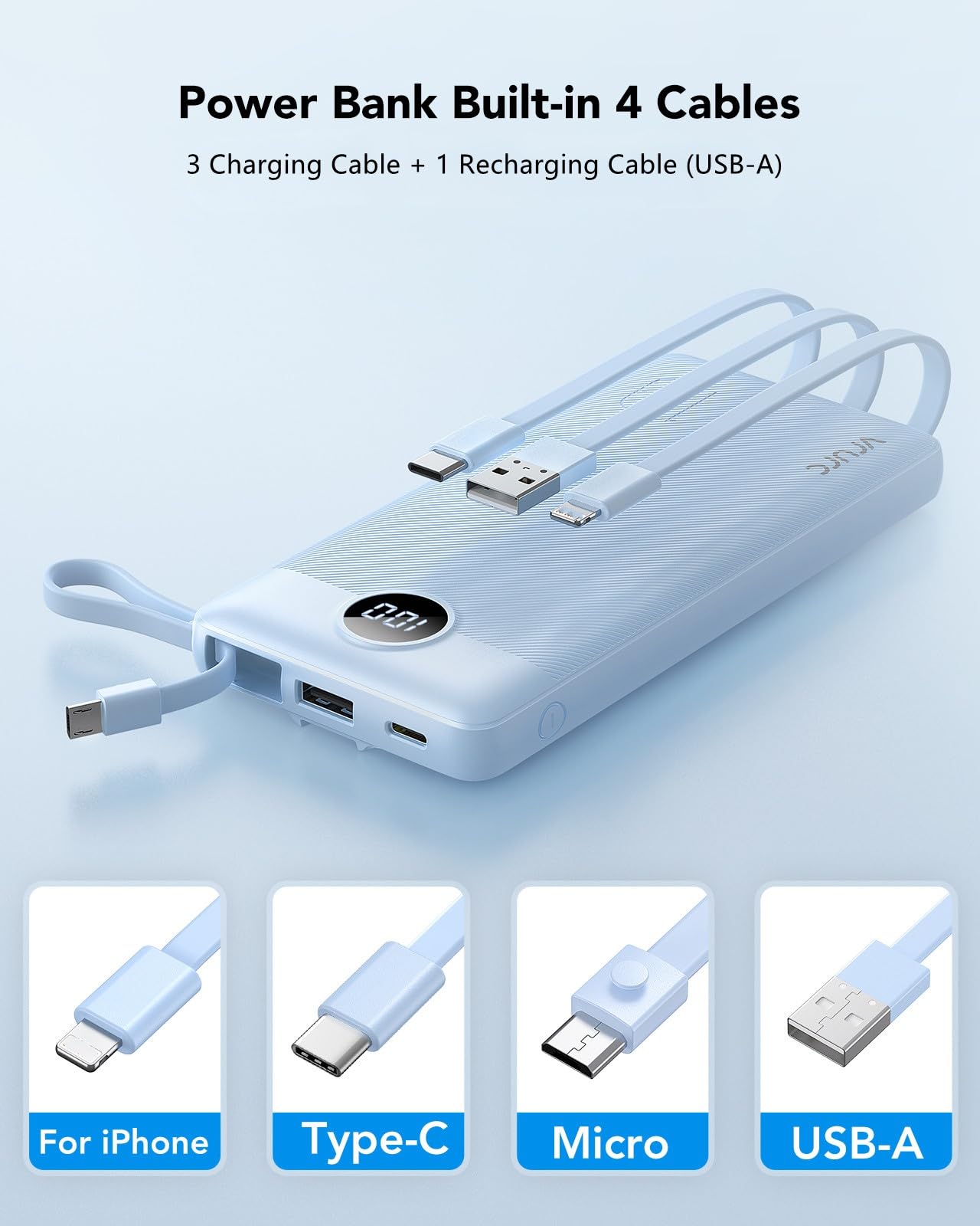 Foto 2 | Power Bank Vrurc De 10000 Mah Con Cables Integrados, Azul - Venta Internacional.
