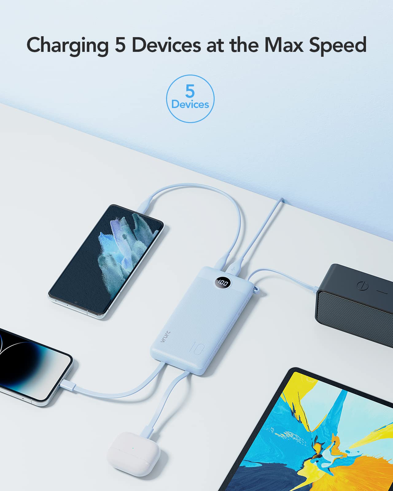Foto 5 pulgar | Power Bank Vrurc De 10000 Mah Con Cables Integrados, Azul - Venta Internacional.