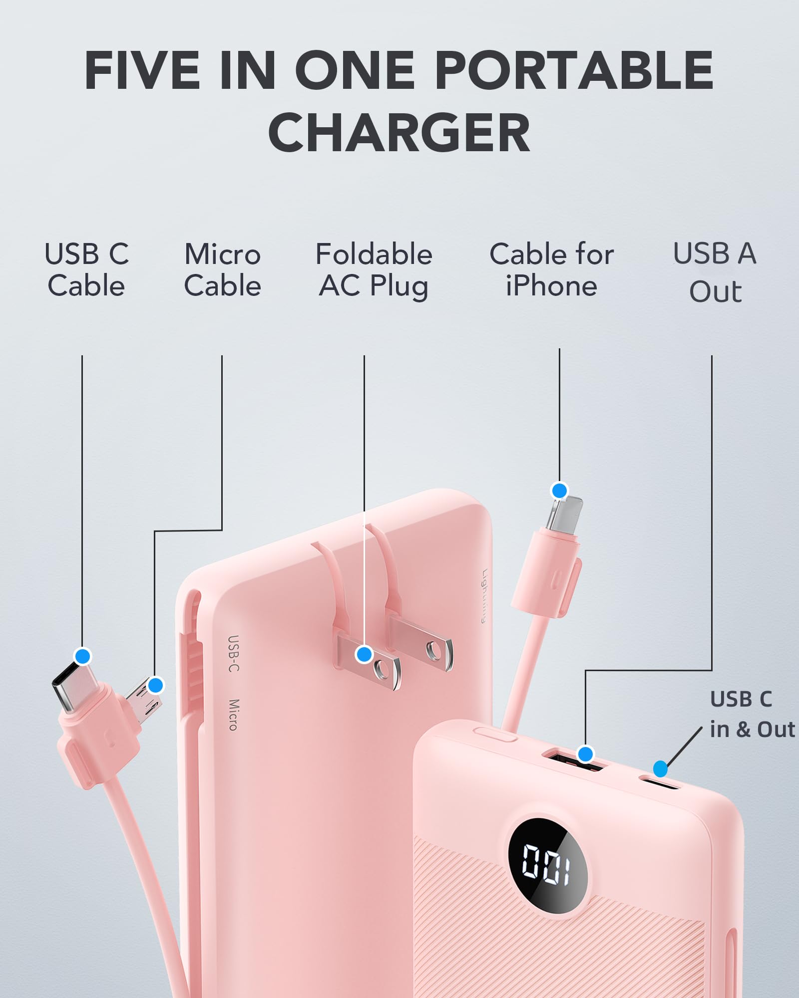 Foto 4 pulgar | Cargador Portátil Vrurc De 10000 Mah Con Cables Y Enchufe Integrados - Venta Internacional.