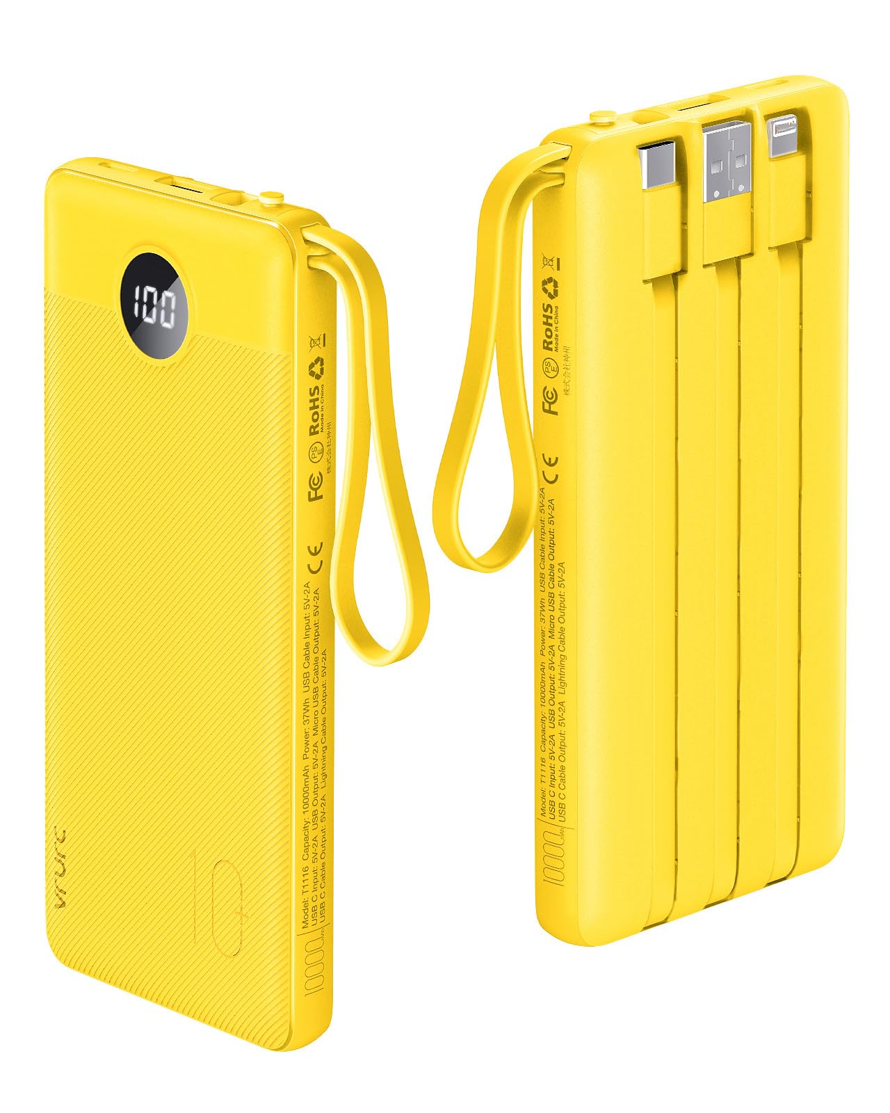 Foto 1 | Batería Externa Vrurc De 10000 Mah Con Cables Usb-c Integrados, Color Amarillo - Venta Internacional.