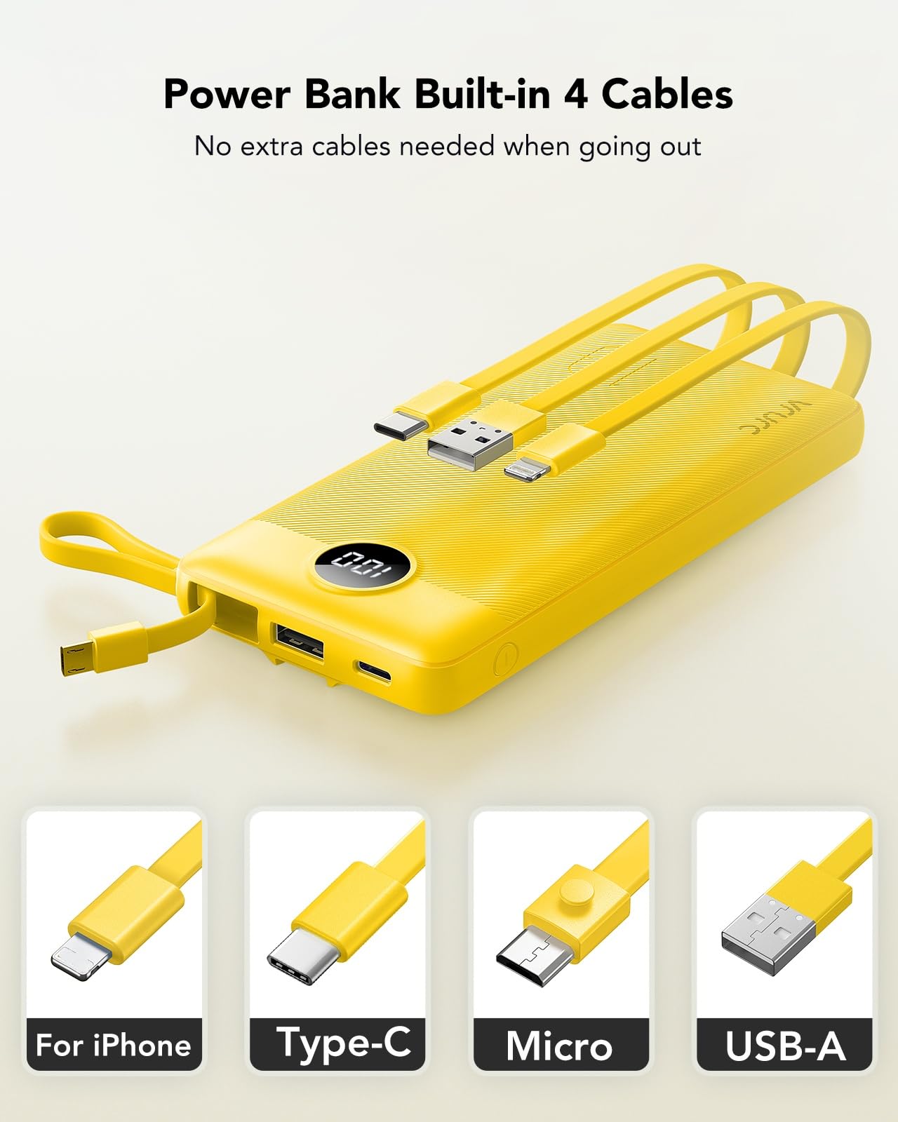 Foto 3 pulgar | Batería Externa Vrurc De 10000 Mah Con Cables Usb-c Integrados, Color Amarillo - Venta Internacional.