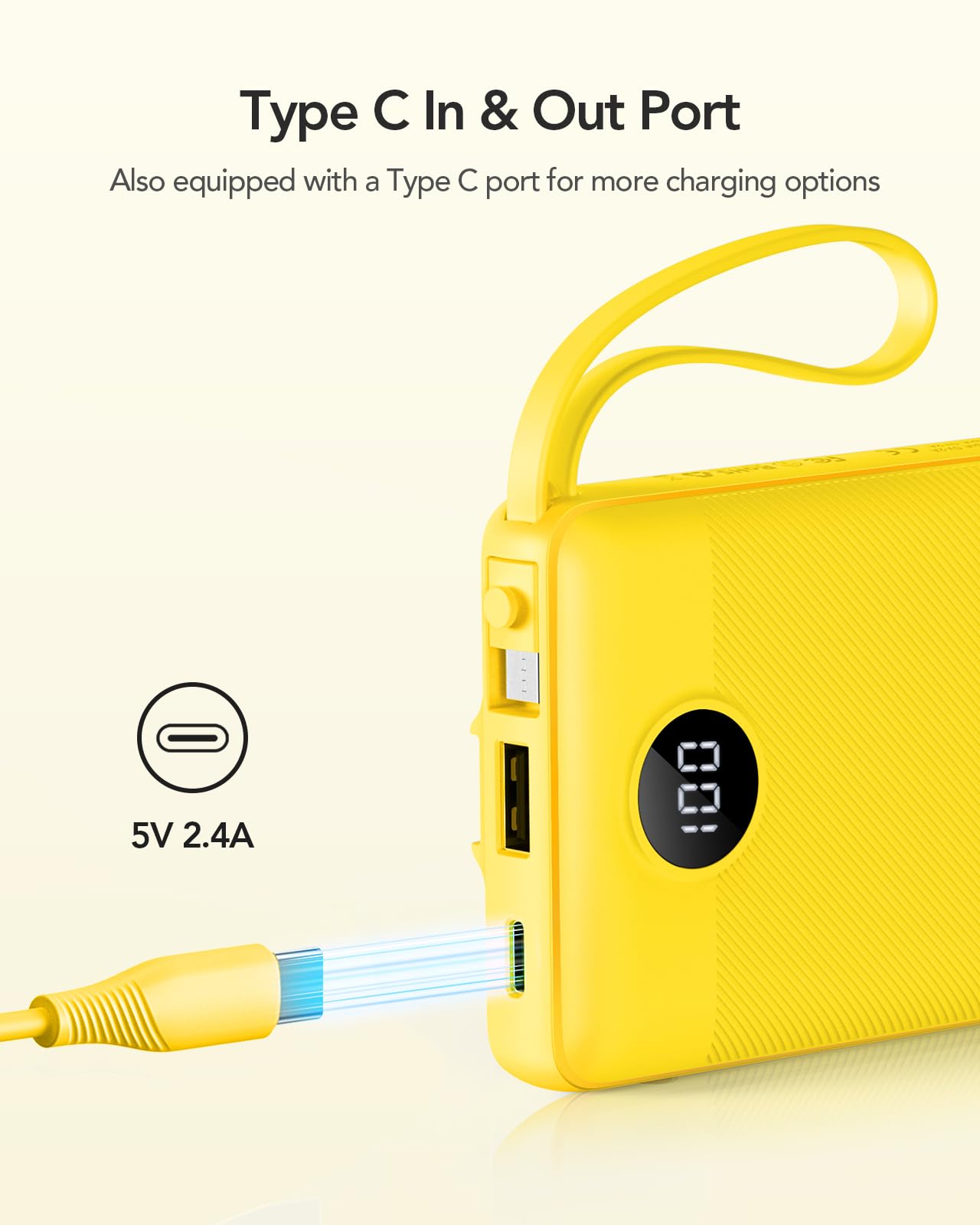 Foto 4 pulgar | Batería Externa Vrurc De 10000 Mah Con Cables Usb-c Integrados, Color Amarillo - Venta Internacional.