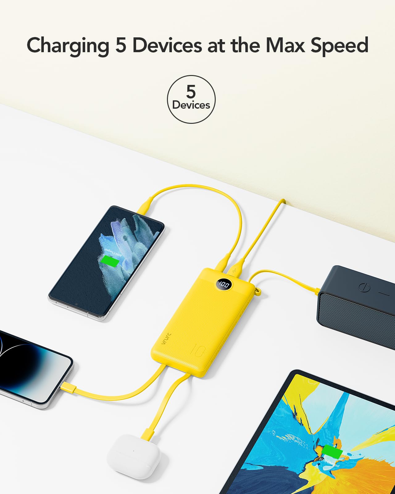 Foto 5 pulgar | Batería Externa Vrurc De 10000 Mah Con Cables Usb-c Integrados, Color Amarillo - Venta Internacional.